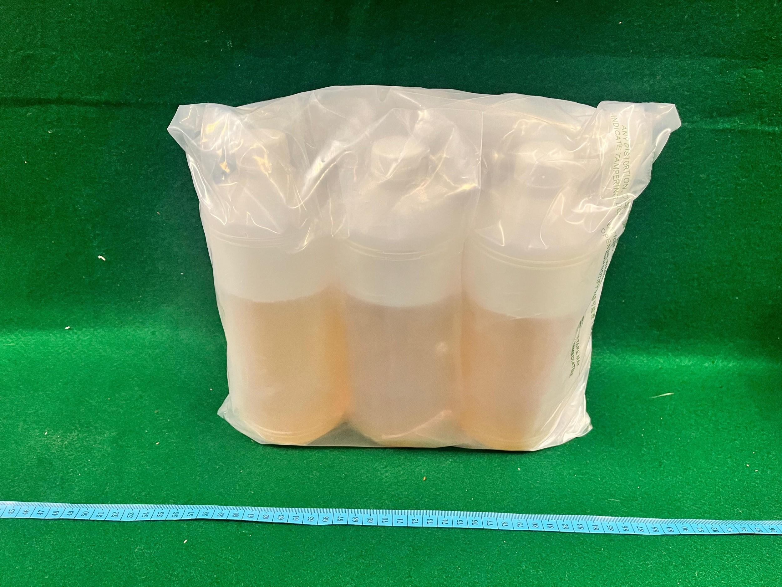 Hong Kong Customs seized about 2.4 kilograms of suspected liquid cocaine with an estimated market value of about $2 million at the Hong Kong-Zhuhai-Macao Bridge Hong Kong Port on January 3. Photo shows the suspected liquid cocaine seized. 
