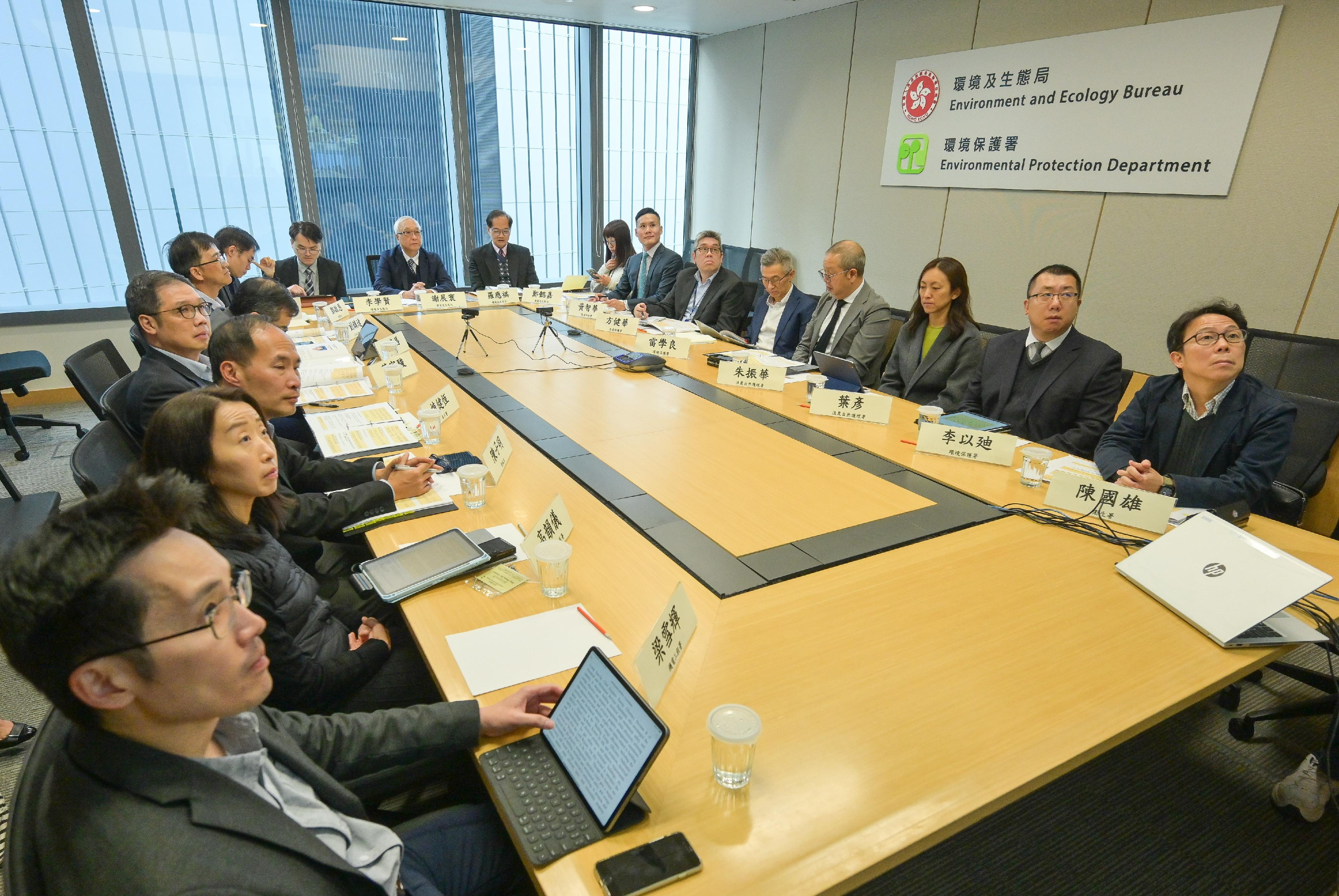 The sixth meeting of the Hong Kong-Guangdong Joint Working Group on Environmental Protection and Combating Climate Change was held via video conferencing today (January 7) to review the progress of collaboration between the two sides in 2024 and agreed on the work plan for 2025. Photo shows the Secretary for Environment and Ecology, Mr Tse Chin-wan (ninth left), together with members of the Hong Kong Special Administrative Region Government delegation.