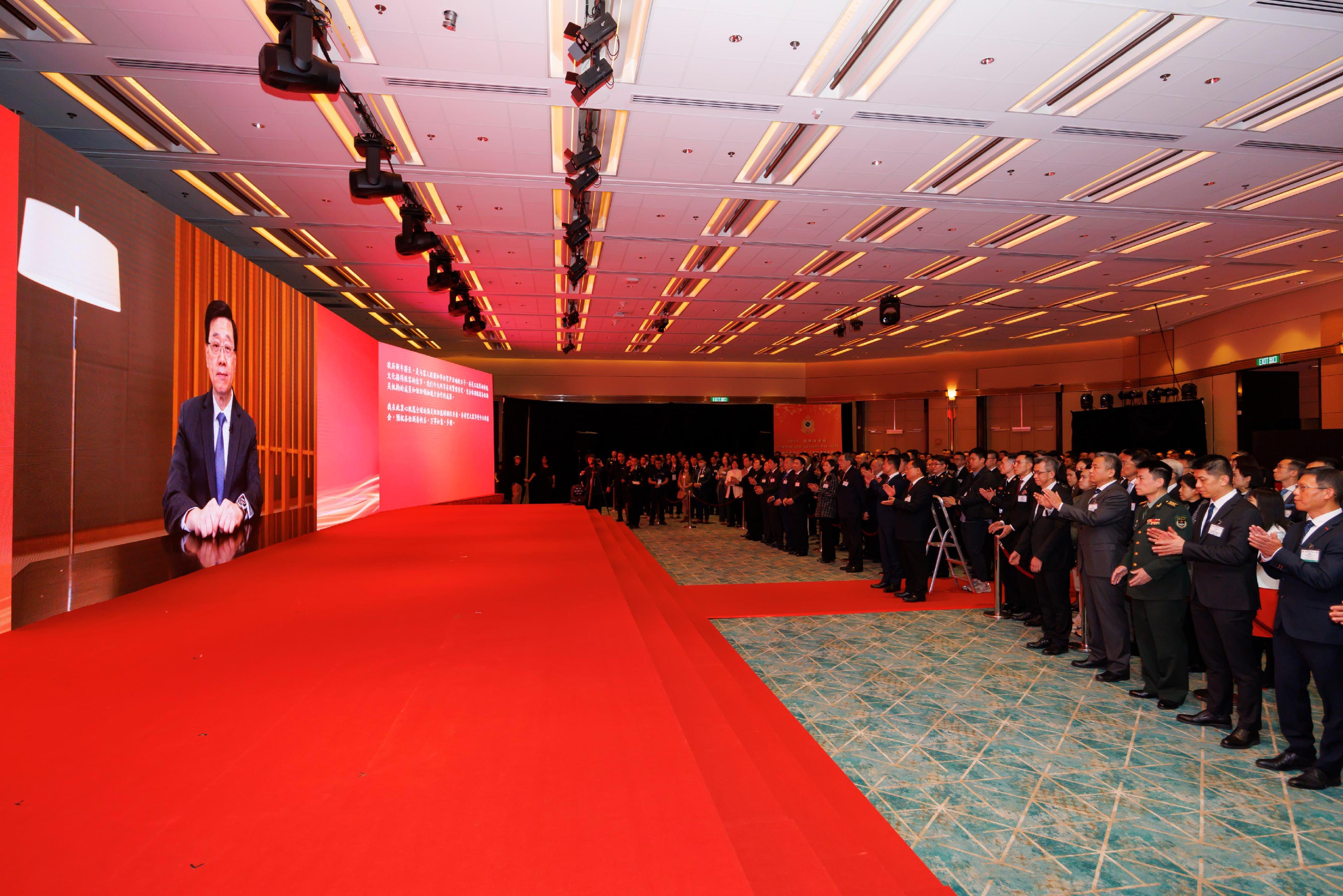 Hong Kong Customs today (January 21) held a reception in celebration of International Customs Day 2025 at the Hong Kong Convention and Exhibition Centre. Photo shows the Chief Executive, Mr John Lee, giving a pre-recorded congratulatory speech at the celebration reception.