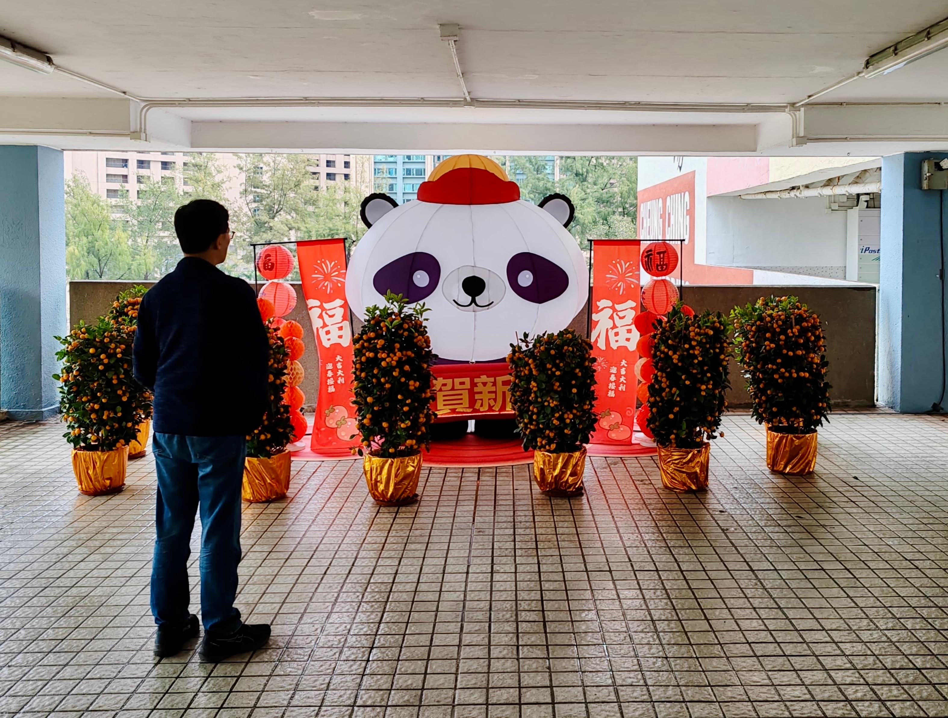 The Hong Kong Housing Authority has put up a festive panda decoration at Cheung Ching Commercial Complex in Tsing Yi to enliven the festive mood for the Lunar New Year.