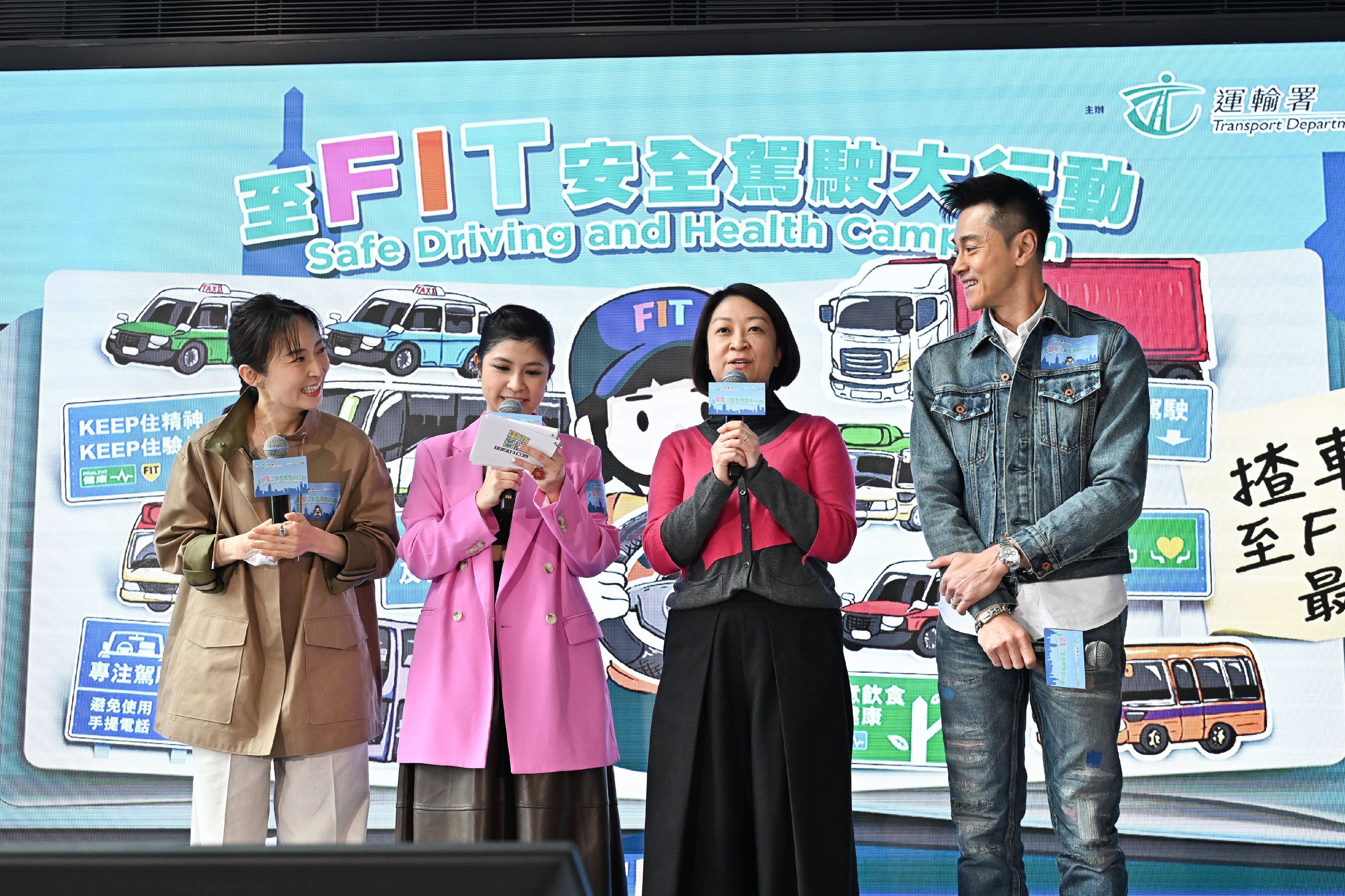 The Transport Department today (February 7) held the Safe Driving and Health Campaign 2025 Kick-off Ceremony to appeal to commercial vehicle drivers to take heed of safe driving and personal health, and undergo a health check-up annually. Some 150 participants attended the ceremony. Photo shows the Commissioner for Transport, Ms Angela Lee (second right), and the two Safe Driving and Health Ambassadors, Raymond Wong (first right) and Catherine Chau (first left), introducing the activities and themes this year.