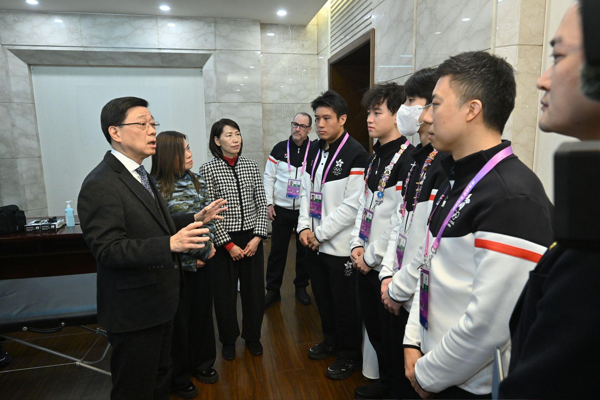 The Chief Executive, Mr John Lee, continued his visit to Harbin today (February 10). Photo shows Mr Lee (first left) visiting Hong Kong athletes who were injured after an ice hockey competition at the 9th Asian Winter Games Harbin 2025.