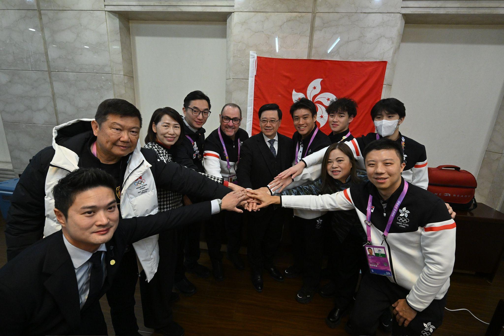 The Chief Executive, Mr John Lee, continued his visit to Harbin today (February 10). Photo shows Mr Lee (sixth left) with members of the Hong Kong, China Delegation after visiting Hong Kong athletes who were injured after an ice hockey competition at the 9th Asian Winter Games Harbin 2025.