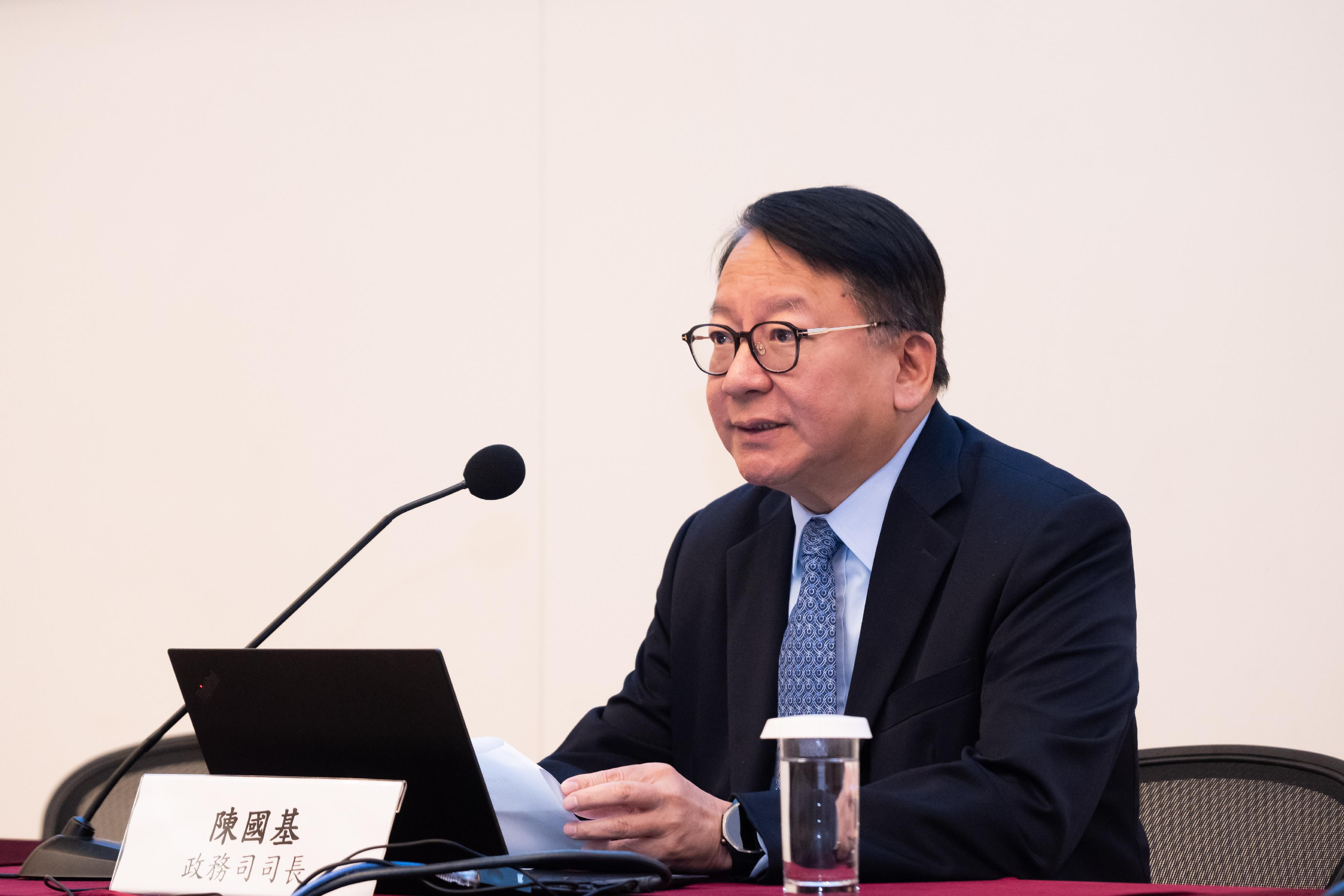 The Hong Kong Special Administrative Region Government today (February 12) held a seminar on the 2024-2035 master plan on building China into a leading country in education at the Central Government Offices. Photo shows the Chief Secretary for Administration, Mr Chan Kwok-ki, delivering the opening address.