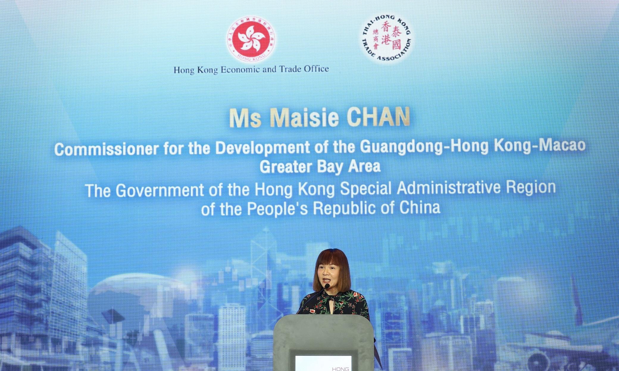 The Hong Kong Economic and Trade Office in Bangkok hosted a business luncheon in Bangkok, Thailand today (February 13) to promote the business opportunities that Hong Kong can offer Thai enterprises under the Guangdong-Hong Kong-Macao Greater Bay Area development. Photo shows the Commissioner for the Development of the Guangdong-Hong Kong-Macao Greater Bay Area, Ms Maisie Chan, speaking at the luncheon.
