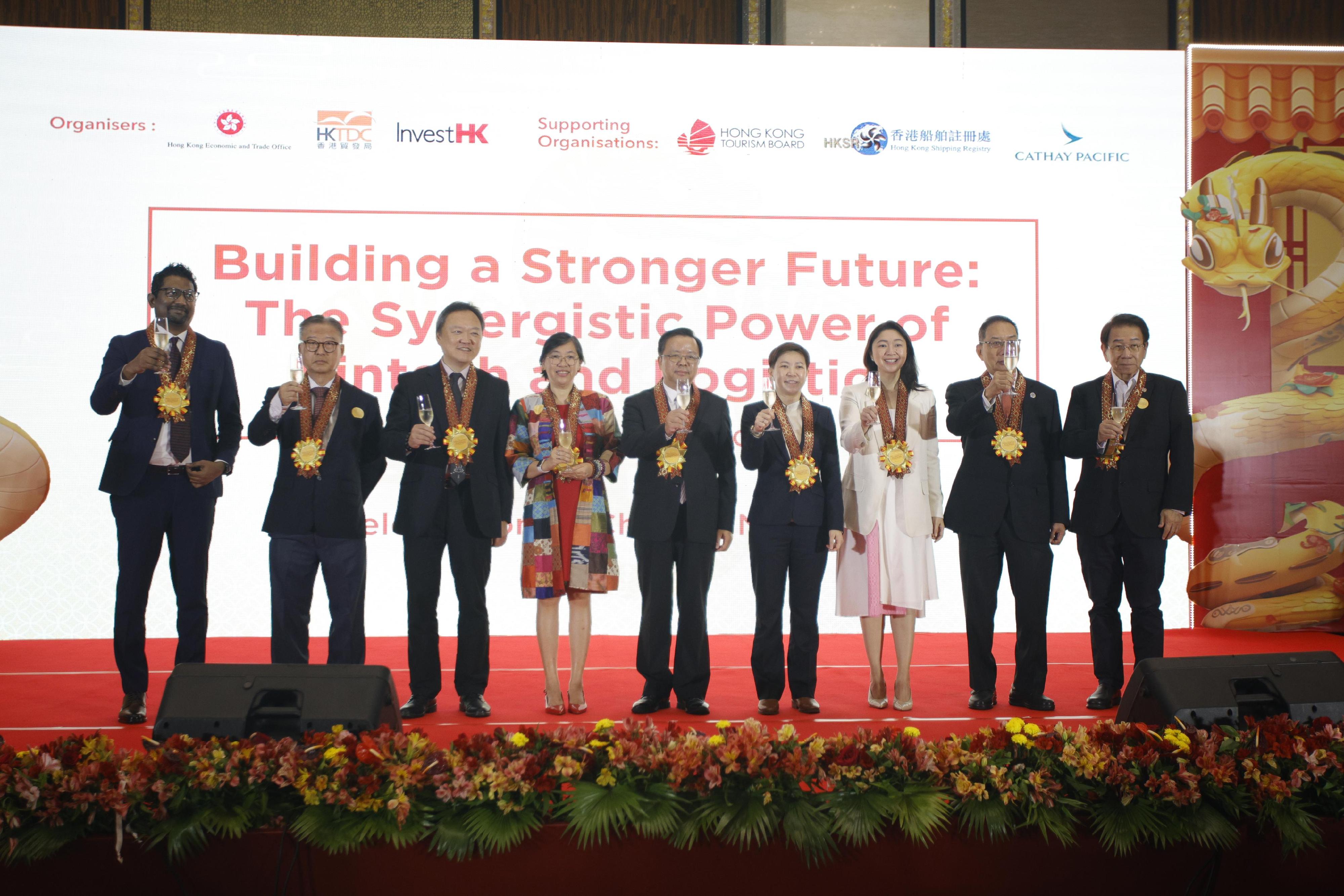 The Hong Kong Economic and Trade Office, Jakarta (HKETO Jakarta) hosted a business seminar and luncheon in Manila, the Philippines, today (February 14) to celebrate the Year of the Snake.  Photo shows (from third left) the Regional Director of South East Asia and South Asia of the Hong Kong Trade Development Council, Mr Ronald Ho; the Undersecretary of the Department of Trade and Industry of the Philippines, Ms Mary Jean Pacheco; the Chinese Ambassador to the Philippines, Mr Huang Xilian; the Director-General of the HKETO Jakarta, Miss Libera Cheng; the Mayor of Taguig, Ms Maria Laarni Lopez Cayetano, and other guests hosting a toasting ceremony.
