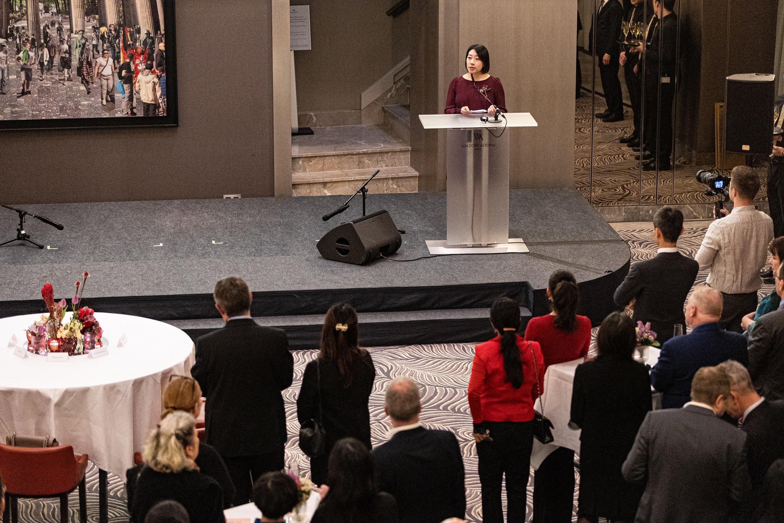 Ms Jenny Szeto, Director of HKETO Berlin, delivers her welcome remarks at a Chinese New Year reception held in Berlin, Germany, on February 13 (Berlin time).