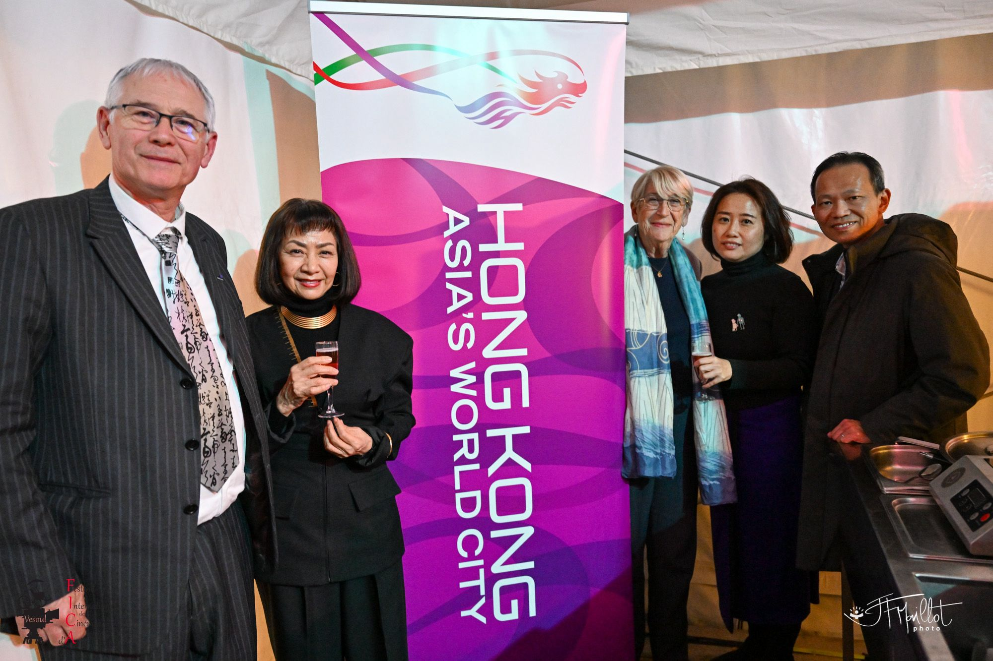 Photo shows the directors of the 31st Vésoul International Film Festival of Asian Cinema, Jean-Marc Thérouanne (first left) and Martine Thérouanne (third right) ; Hong Kong actress Patra Au (second left) and producer Teresa Kwong (second right); and the Assistant Representative of the Hong Kong Economic and Trade Office in Brussels, Mr Paul Leung (first right), at the Hong Kong Night reception on February 15 (Vésoul time).