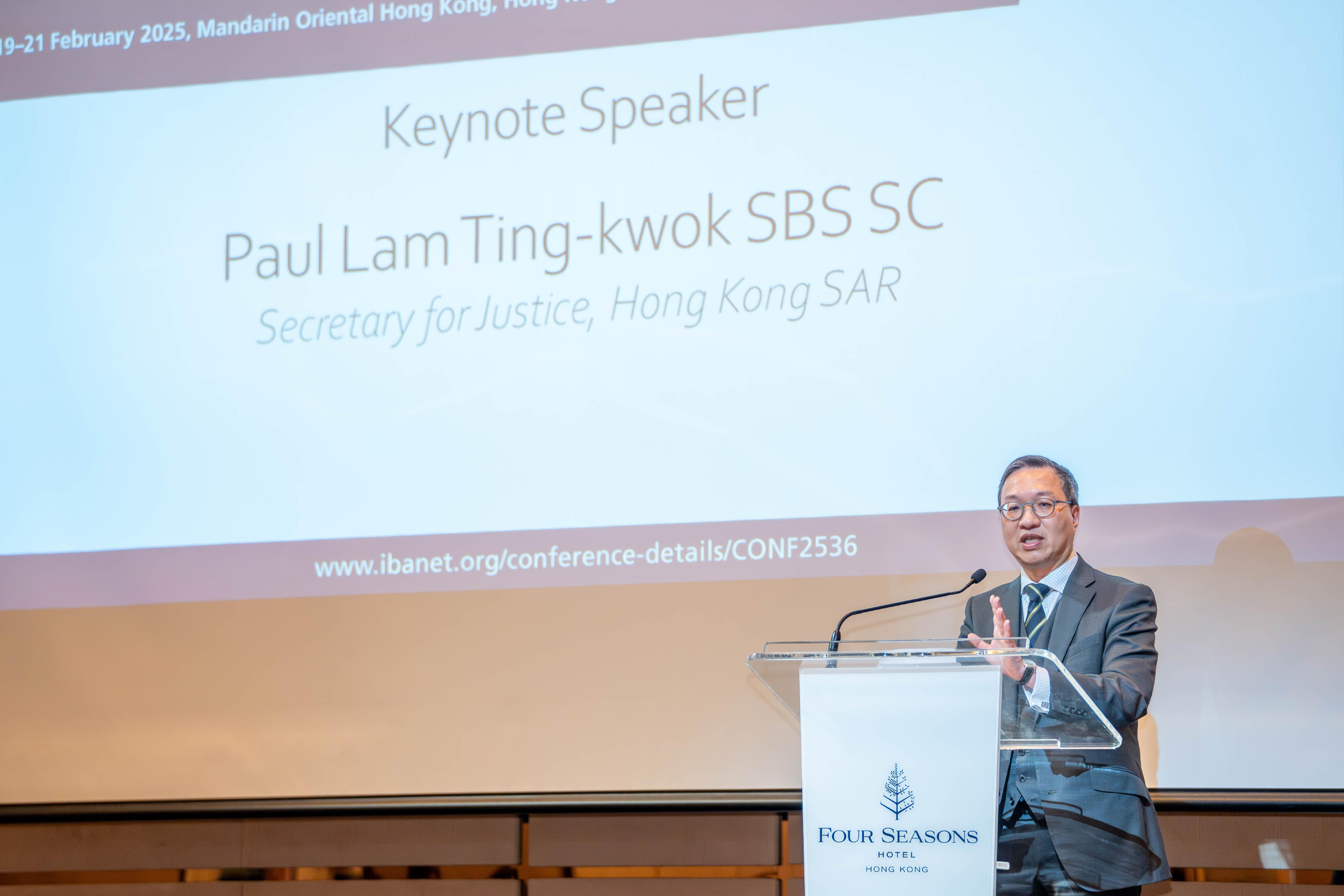 The Secretary for Justice, Mr Paul Lam, SC, speaks at the 8th IBA Asia Pacific Regional Forum Biennial Conference today (February 20). 

