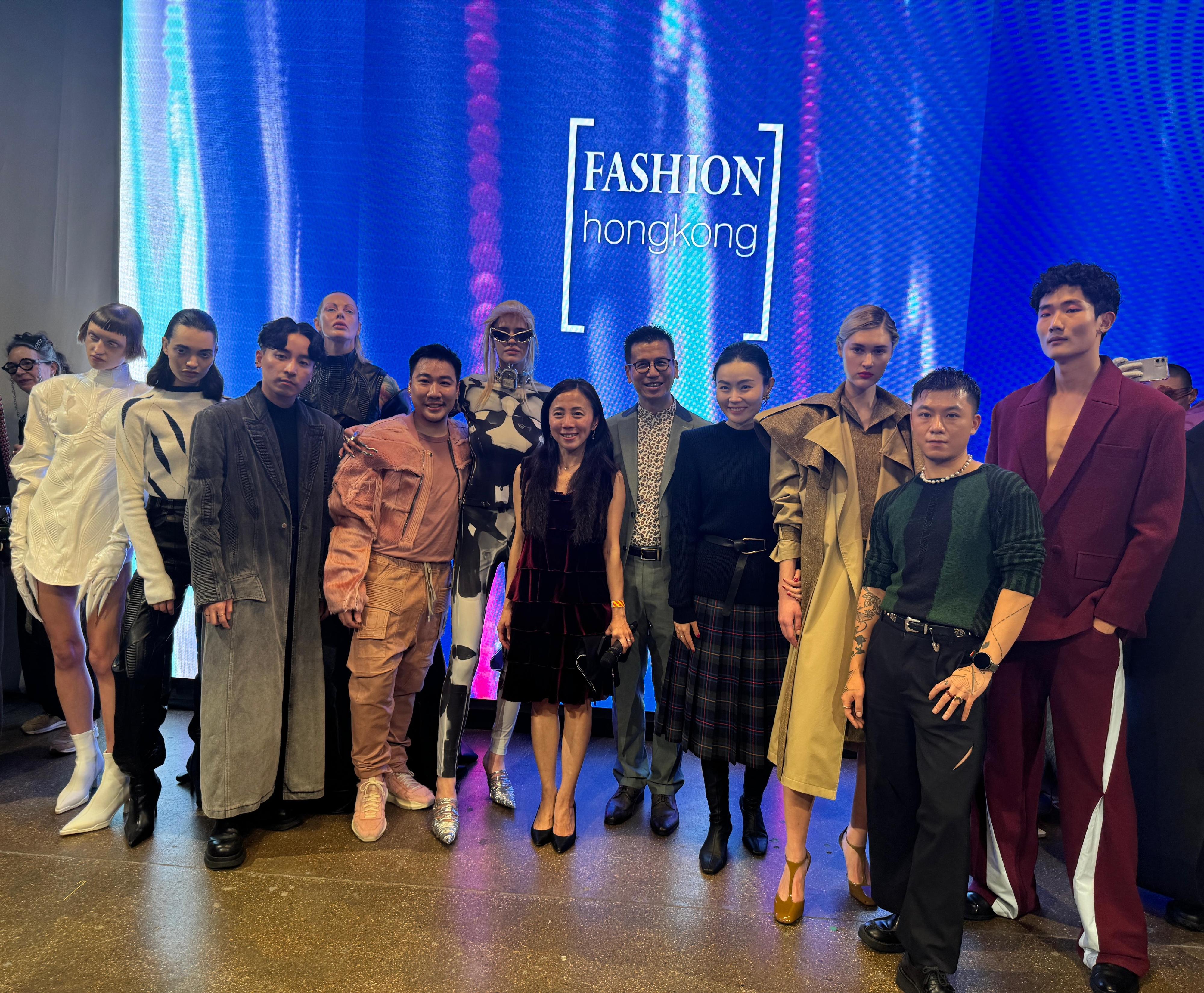 The Hong Kong Economic and Trade Office, London (London ETO) supported Fashion Hong Kong at London Fashion Week AW25 on February 20 (London time), showcasing the collections of four Hong Kong designers. Photo shows the Director-General of the London ETO, Mr Gilford Law (fifth right); the Director, UK, Nordics and Ireland of the Hong Kong Trade Development Council, Ms Joey Ko (sixth right); fashion designer Mr Angus Tsui (fourth left) (Design label: ANGUS TSUI); fashion designer Ms Bettie Jiang (fourth right) (Design label: Bettie Haute Couture); fashion designer Mr Rickyy Wong (second right) (Design label: RICKYYWONG); and fashion designer Mr Nathan Moy (sixth left) (Design label: Z I D I).