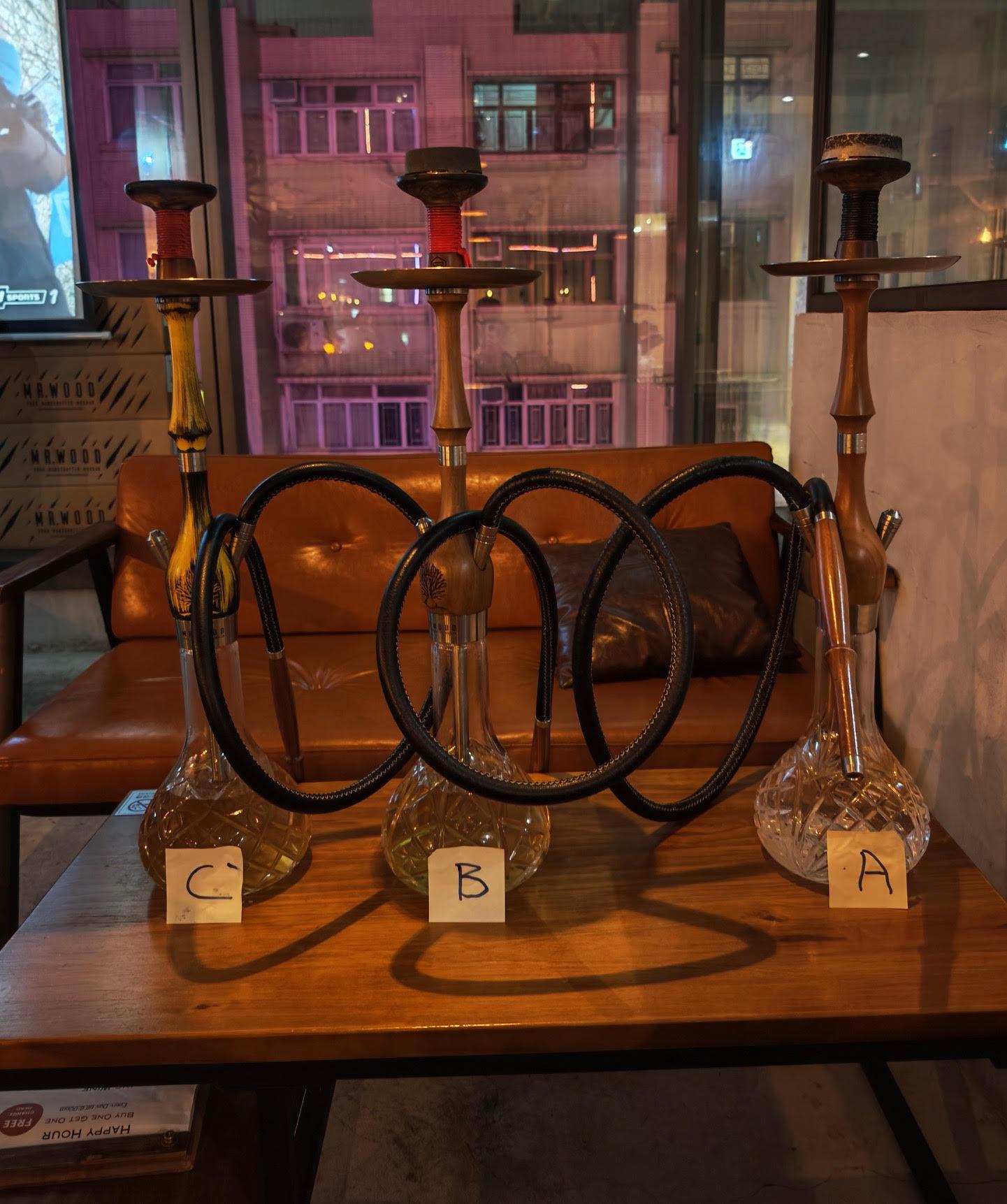 The Tobacco and Alcohol Control Office (TACO) of the Department of Health conducted an enforcement operation in Tsim Sha Tsui last night (February 21) against illegal waterpipe smoking activities in no smoking areas and a total of three fixed penalty notices were issued. Photo shows the waterpipes seized by the TACO officers during the operation.