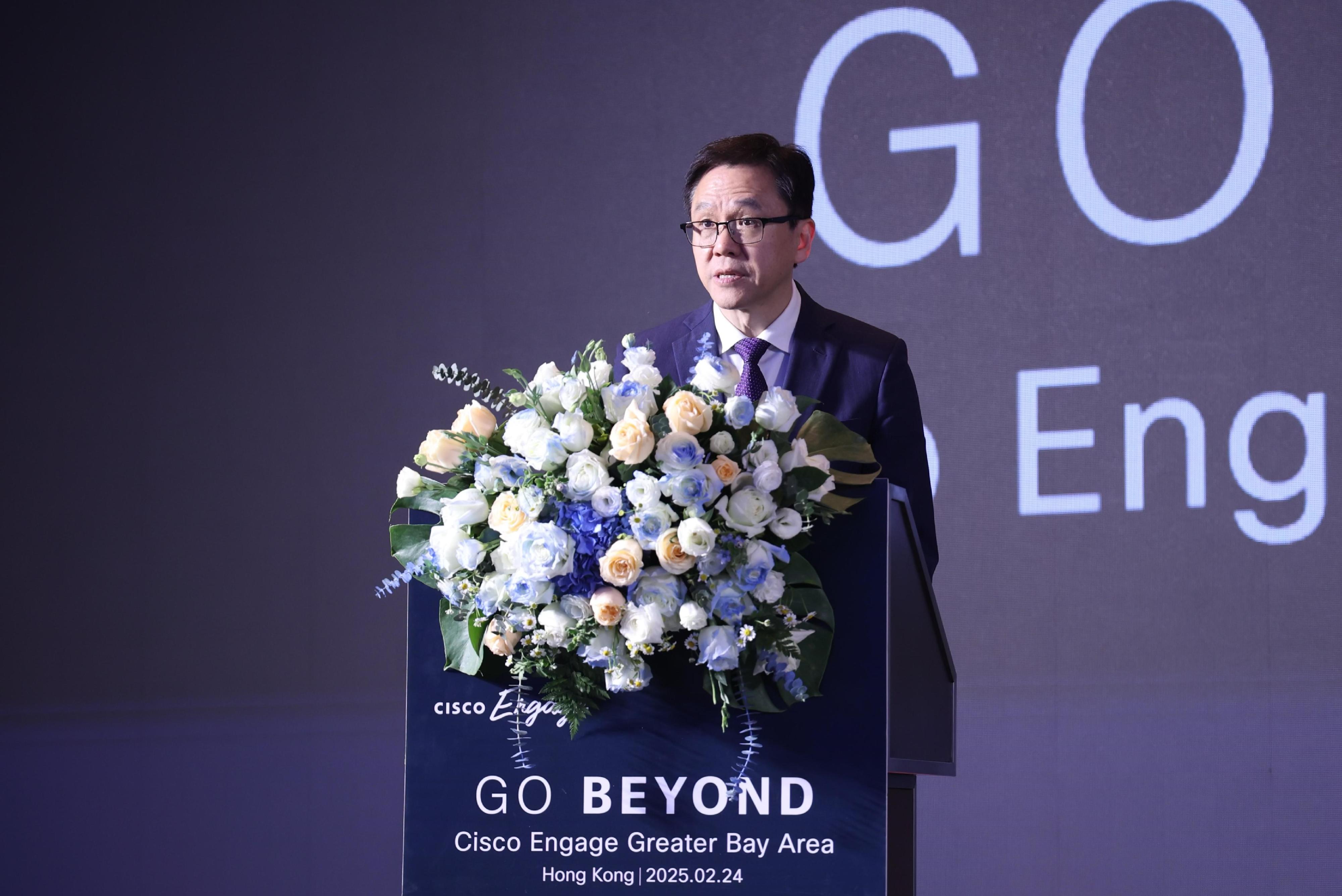 The Secretary for Innovation, Technology and Industry, Professor Sun Dong, addresses the Cisco Engage Greater Bay Area Summit today (February 24).