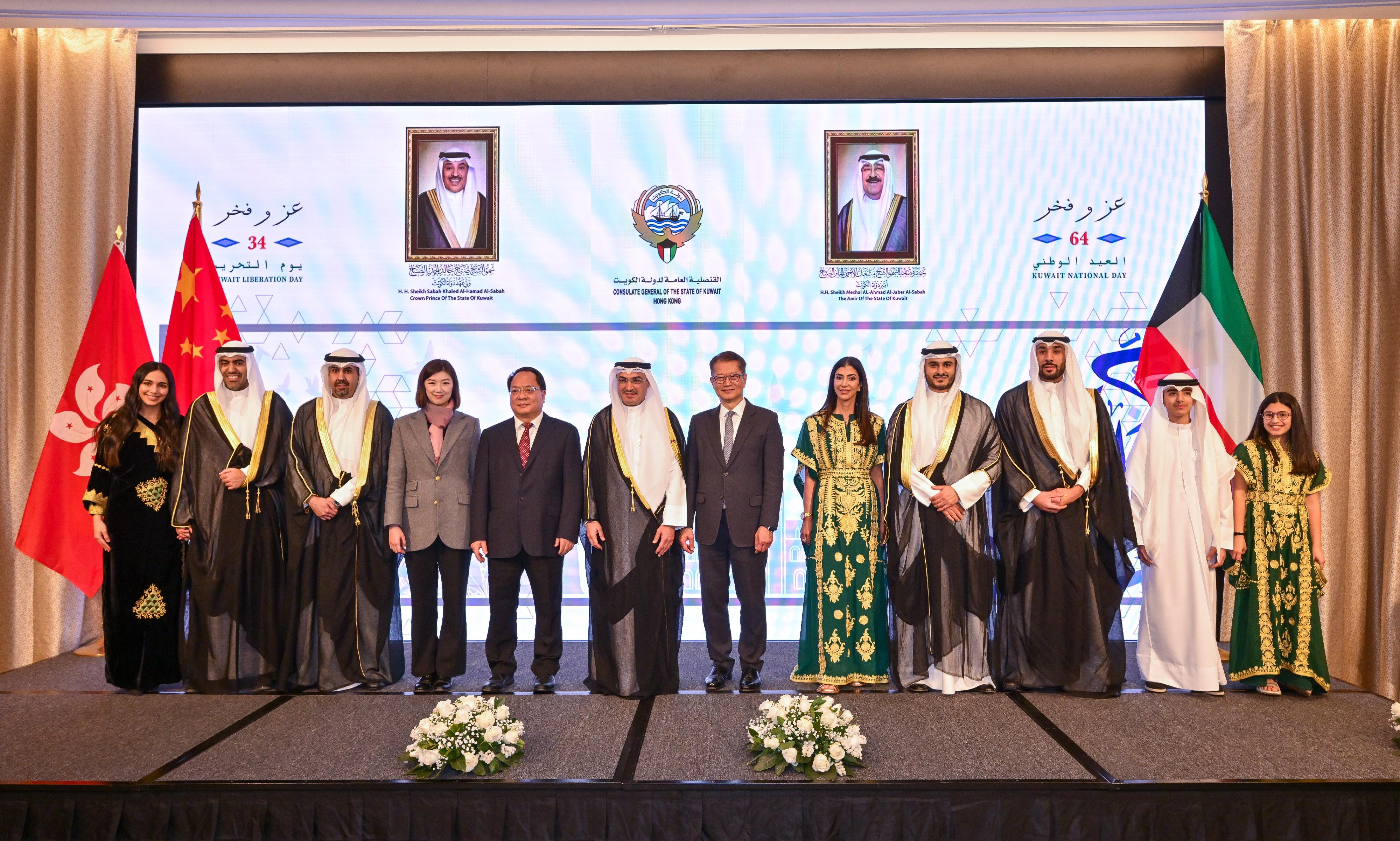 The Financial Secretary, Mr Paul Chan, attended Kuwait National Day Reception today (February 24). Photo shows Mr Chan (sixth right); the Consul General and Ambassador of the State of Kuwait in Hong Kong, Mr Naser S Al-Ghanim (sixth left); and Deputy Commissioner of the Office of the Commissioner of the Ministry of Foreign Affairs of the People's Republic of China in the Hong Kong Special Administrative Region Mr Pan Yundong (fifth left).