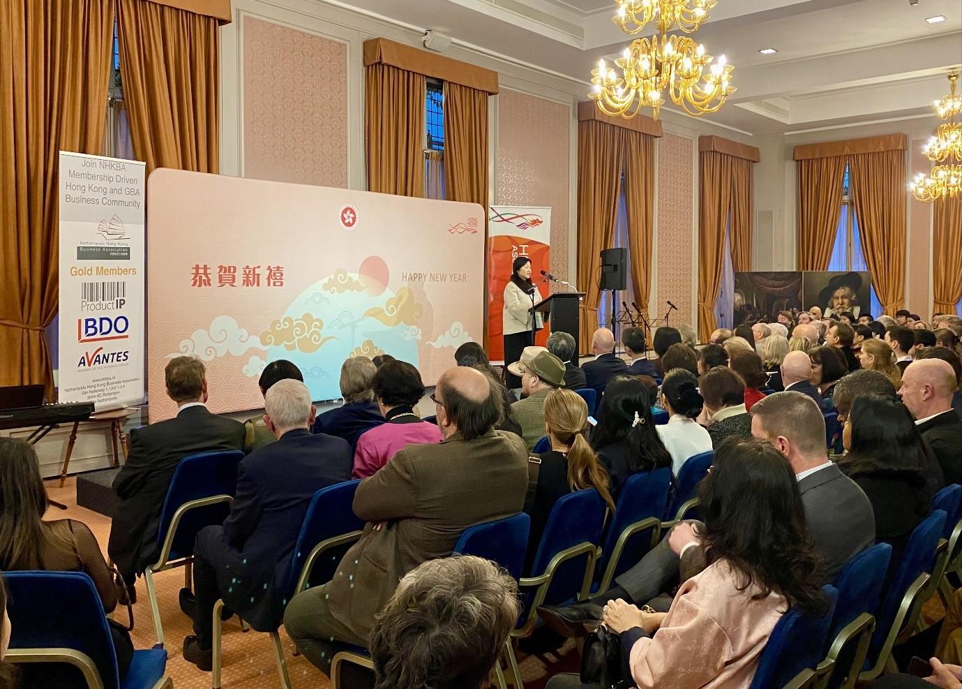 The Special Representative for Hong Kong Economic and Trade Affairs to the European Union, Ms Shirley Yung, addressed the audience at the Chinese New Year reception in The Hague on February 20 (Hague time).