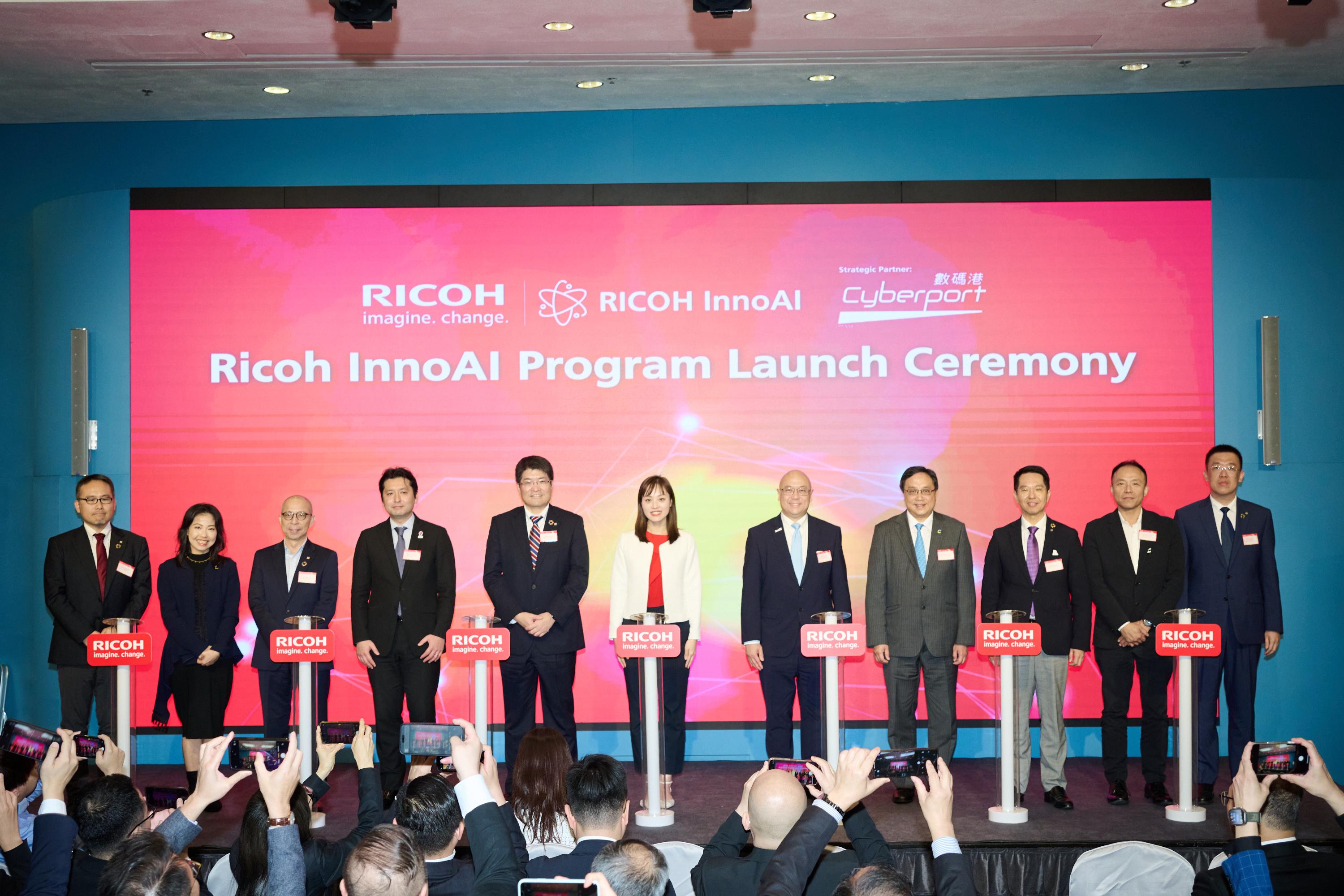 Invest Hong Kong (InvestHK) announced that a renowned Japanese technology service provider with a presence in Hong Kong for over 60 years, Ricoh Hong Kong, organised a launching ceremony of its new Ricoh InnoAI Center as well as the Ricoh InnoAI Program in Cyberport today (March 4). Photo shows (from left) the President of Ricoh Software Research Center (Beijing) Co, Ltd, Mr Go Fujimoto; the Chief Corporate Development Officer of Hong Kong Cyberport Management Company Limited, Ms Georgina Chu; the Chairman, Ricoh Hong Kong, Mr Aaron Yim; the Director, Economic Division, Consulate-General of Japan in Hong Kong, Mr Komatsu Yojin; the Managing Director of Ricoh Asia Pacific, Mr Kei Uesugi; the Under Secretary for Innovation, Technology and Industry, Ms Lillian Cheong; Associate Director-General of InvestHK Mr Charles Ng; the Chairman of Hong Kong Cyberport Management Company Limited, Mr Simon Chan; the Managing Director of Ricoh Hong Kong, Mr Ricky Chong; the Chief Operating Officer of Hong Kong Cyberport Management Company Limited, Mr Howard Cheng; and Vice President Ricoh Software Research Center Beijing Dr Dong Bin officiating at the kick-off ceremony.