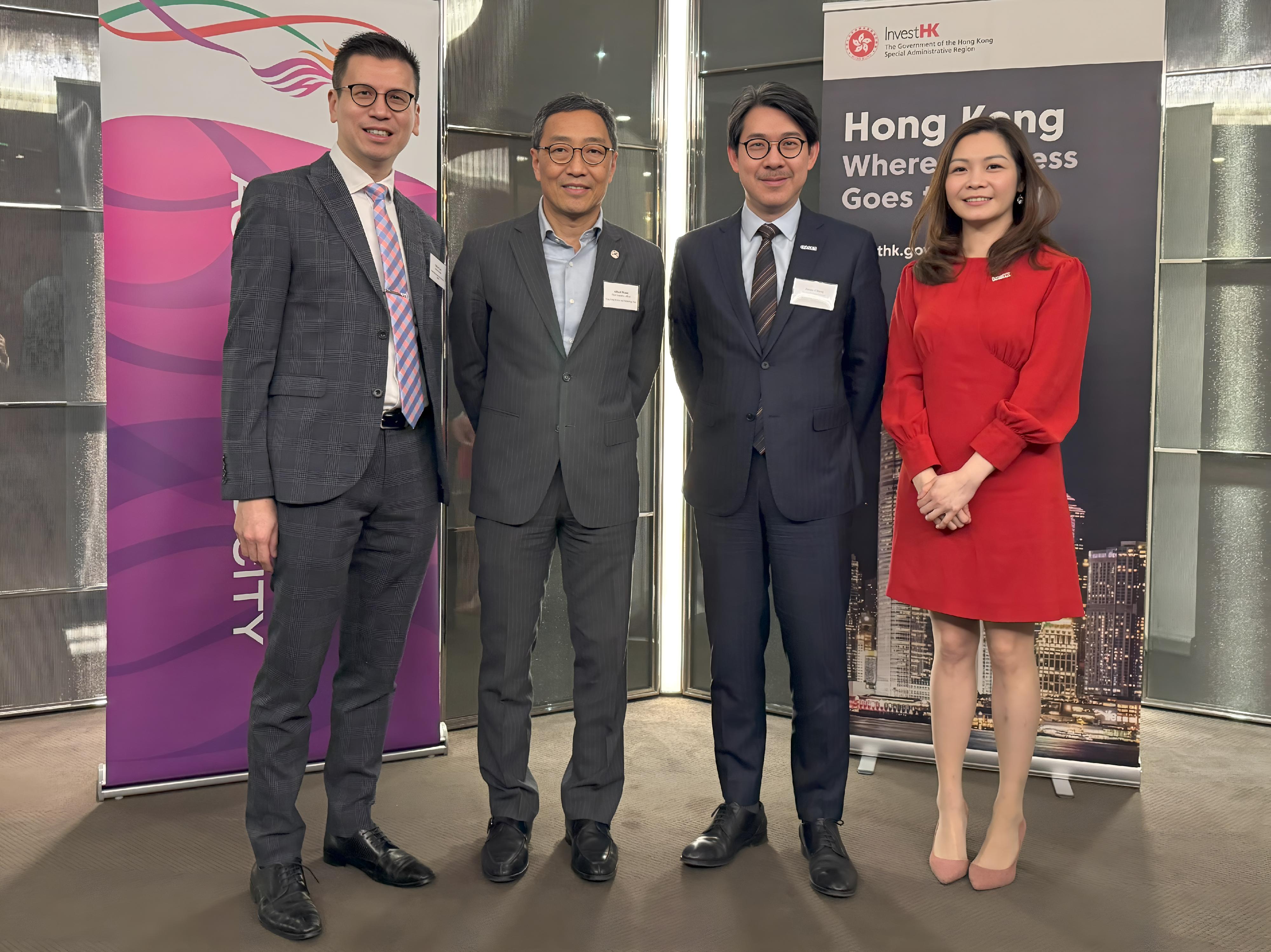 The Hong Kong Economic and Trade Office, London (London ETO), in collaboration with Invest Hong Kong (InvestHK), the Office for Attracting Strategic Enterprises (OASES), and the Hong Kong Science and Technology Parks Corporation (HKSTP) hosted a seminar in London, the United Kingdom, on March 6 (London time) showcasing Hong Kong's dynamic innovation and technology ecosystem. Photo shows (from left) the Director-General of the London ETO, Mr Gilford Law; the Chief Executive Officer of the HKSTP, Mr Albert Wong; the Deputy Director-General of the OASES, Dr Jimmy Chiang; and the Head of Business and Talent Attraction/Investment Promotion of the InvestHK London Office, Ms Daisy Ip at the seminar.  