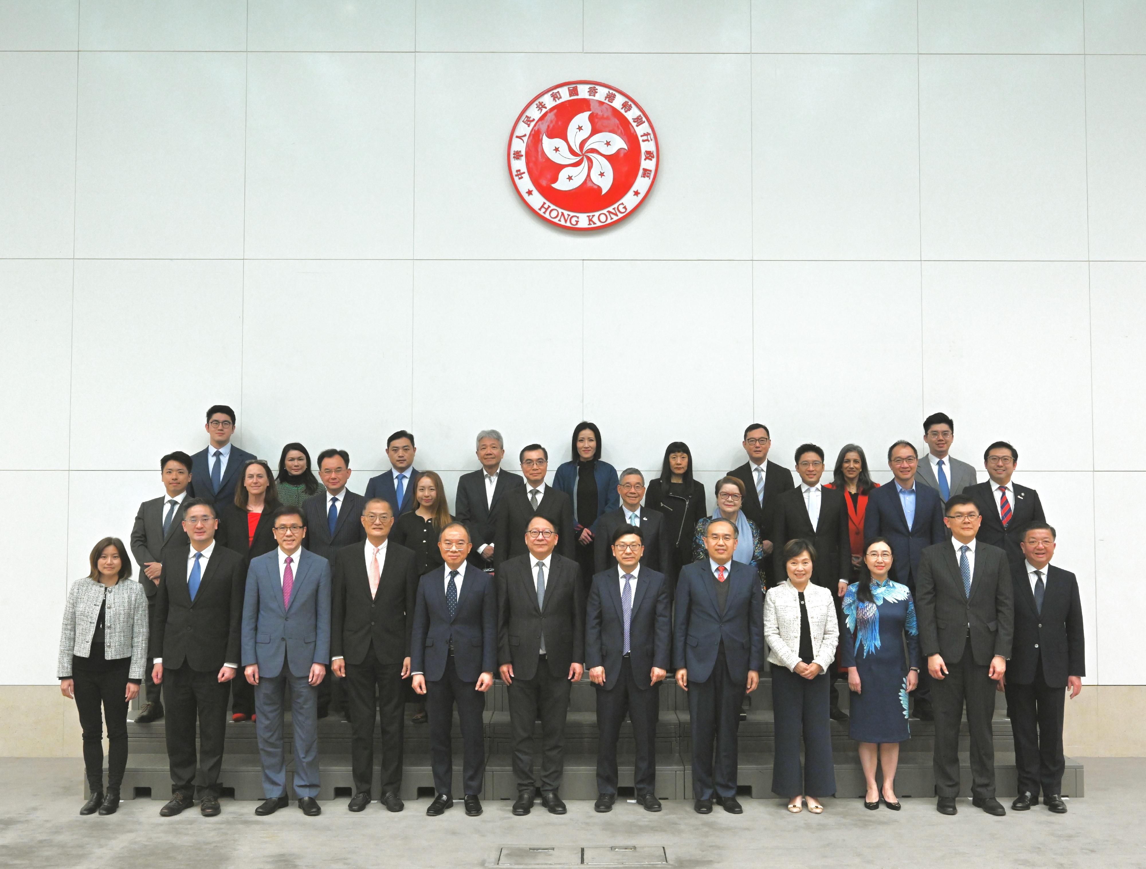 The Chief Secretary for Administration, Mr Chan Kwok-ki, today (March 10) chaired the first meeting of the fourth-term Human Resources Planning Commission. Photo shows (first row, from left) Deputy Secretary for Security Mrs Winnie Kang; the Under Secretary for Commerce and Economic Development, Dr Bernard Chan; the Secretary for Innovation, Technology and Industry, Professor Sun Dong; the Secretary for Health, Professor Lo Chung-mau; the Secretary for Constitutional and Mainland Affairs, Mr Erick Tsang Kwok-wai; Mr Chan; the Secretary for Labour and Welfare, Mr Chris Sun; the Secretary for Financial Services and the Treasury, Mr Christopher Hui; the Secretary for Education, Dr Choi Yuk-lin; the Permanent Secretary for Labour and Welfare, Ms Alice Lau; the Deputy Secretary for Labour and Welfare (Manpower), Mr Andrew Tsang; the Director of Hong Kong Talent Engage, Mr Anthony Lau; the Commissioner for Census and Statistics, Mr Leo Yu (second row, fifth left); the Chairman of the Vocational Training Council, Mr Tony Tai (second row, fifth right), and members of the Commission.