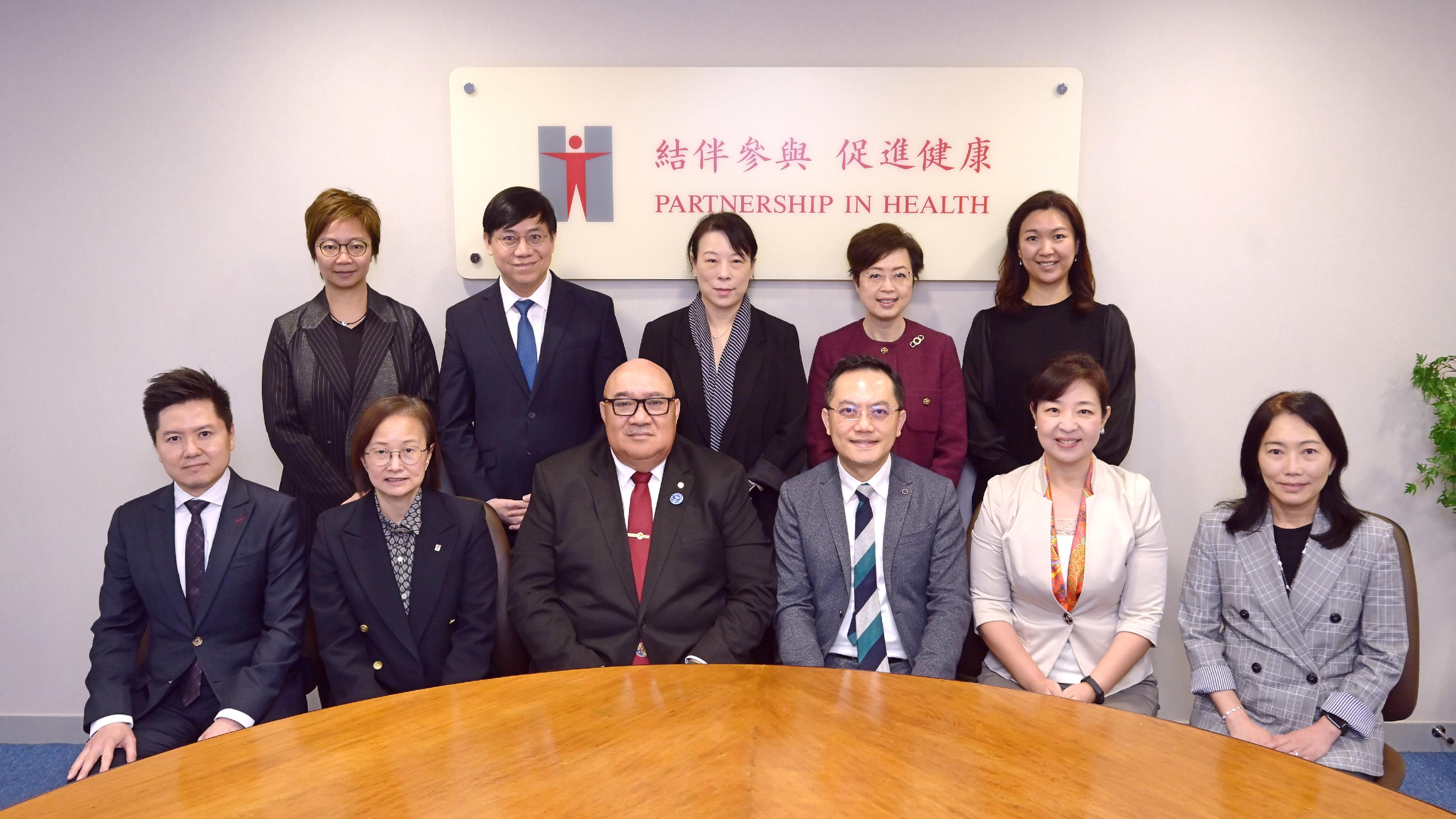 The World Health Organization (WHO) Regional Director for the Western Pacific, Dr Saia Ma'u Piukala, visited the Department of Health (DH) today (March 11) to gain insights into its pioneering efforts in advancing global public health, prevention and control of infectious diseases, traditional Chinese Medicine development and effective implementation of tobacco control strategies. The Director of Health, Dr Ronald Lam (front row, third right); the Controller of Regulatory Affairs, Dr Amy Chiu (front row, second left); the Controller of the Centre for Health Protection, Dr Edwin Tsui (front row, first left); and the Deputy Director of Health, Dr Teresa Li (front row, first right), briefed Dr Saia Ma'u Piukala (front row, third left) on the wide range of services provided by the DH during a meeting. Photo shows them with the Executive Officer, Division of Programme Management, WHO Regional Office for the Western Pacific, Dr Liu Yue (front row, second right), and other DH staff attending the meeting.
