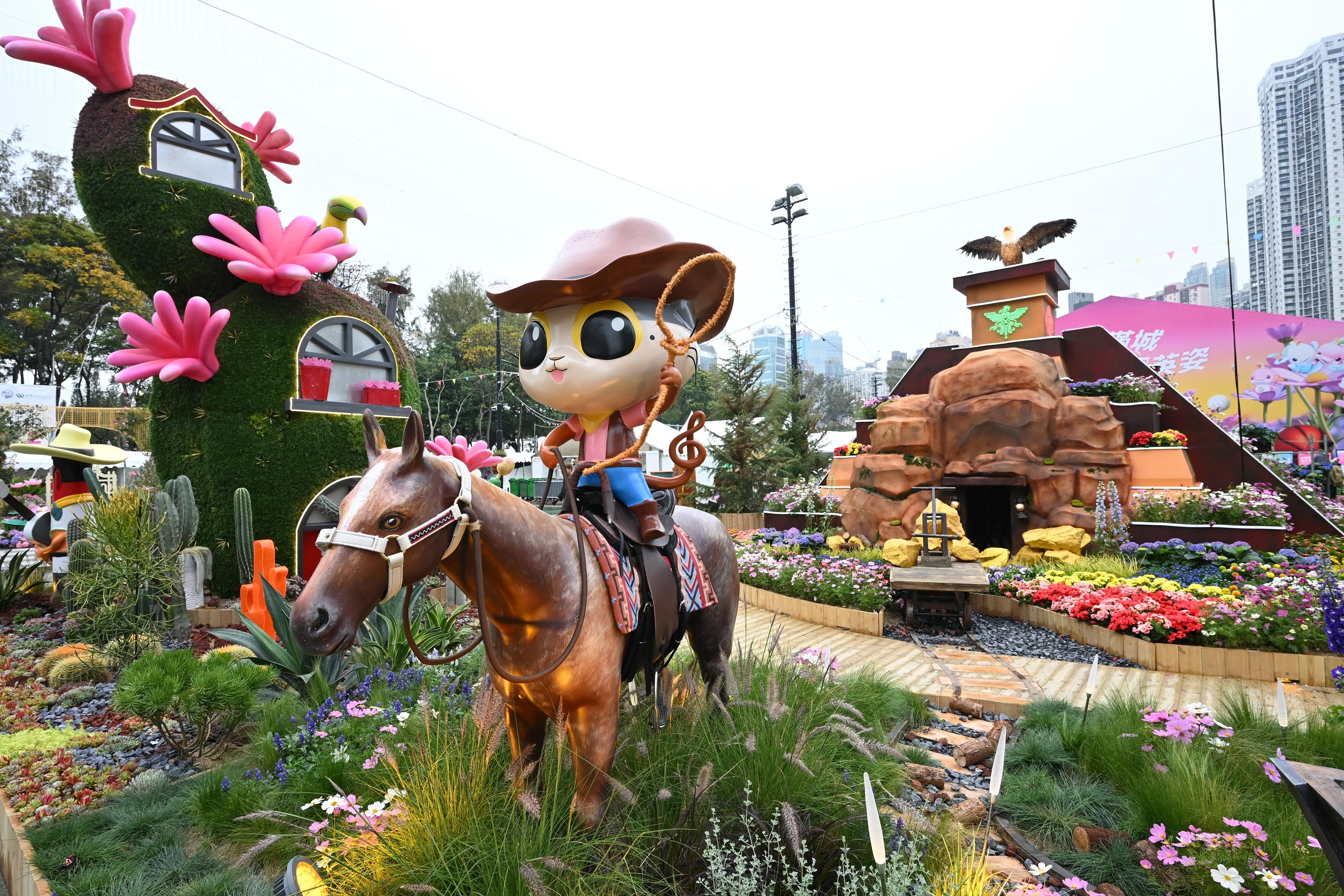 The Hong Kong Flower Show 2025 will be held at Victoria Park from tomorrow (March 14) until March 23, featuring cosmos as the theme flower and "Ablaze with Glory" as the main theme. There will also be meticulously designed landscaped displays along the showground axis with a world tour theme. Photo shows "An Adventure to the Americas" landscape.