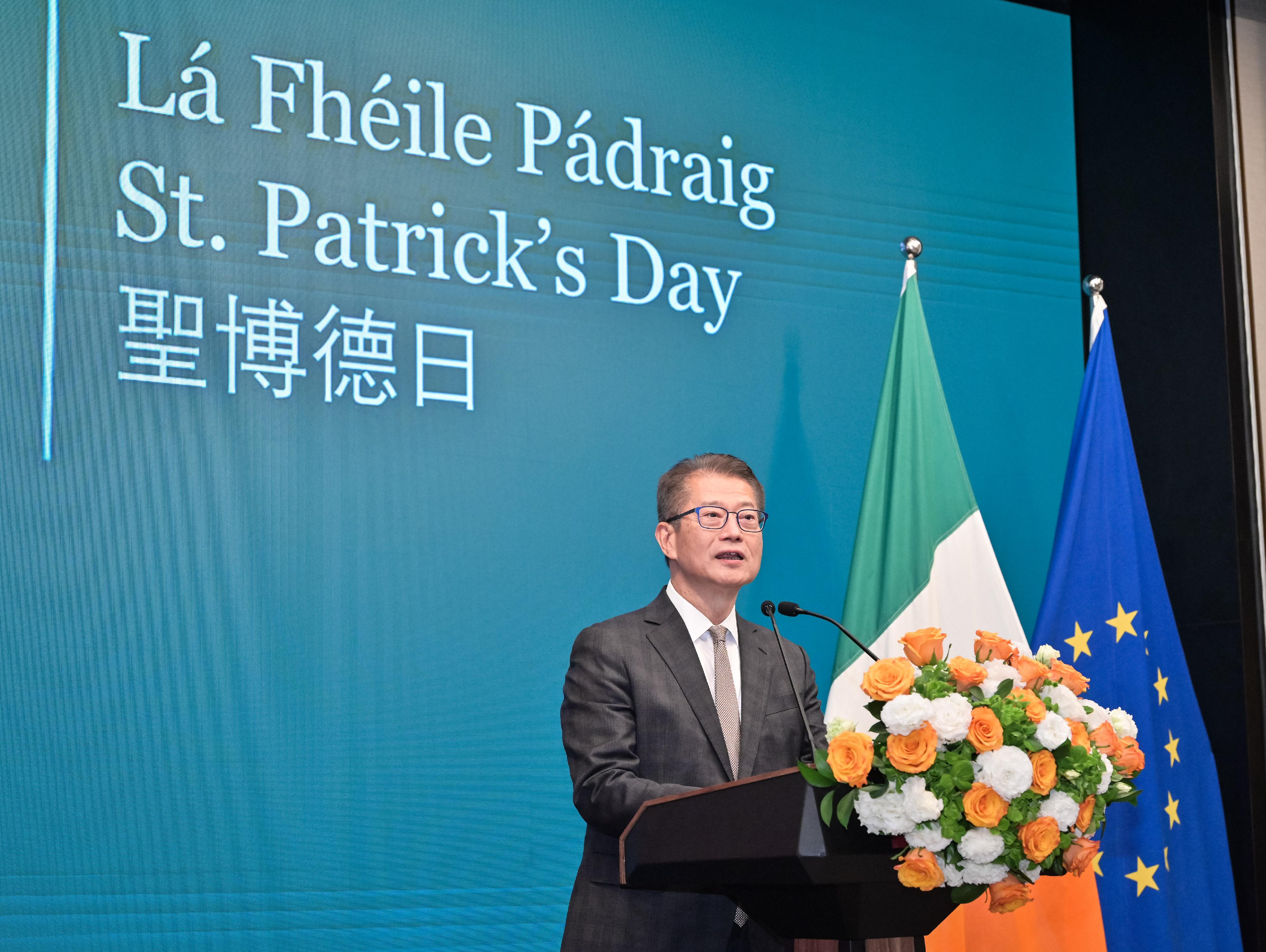 The Financial Secretary, Mr Paul Chan, speaks at Ireland’s National Day Reception today (March 13).