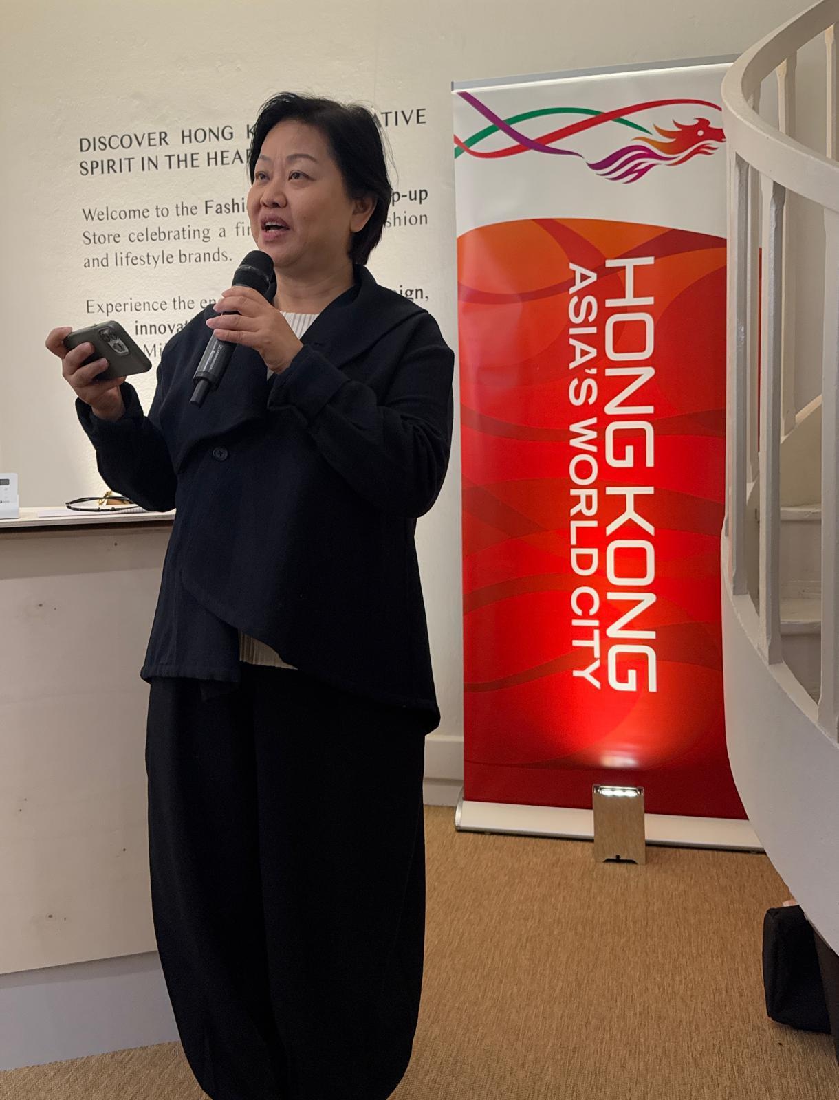 The Special Representative for Hong Kong Economic and Trade Affairs to the European Union, Ms Shirley Yung, addresses the audience at the opening of the "Fashion Hong Kong Pop-Up Store in Milan" on March 13 (Milan time).