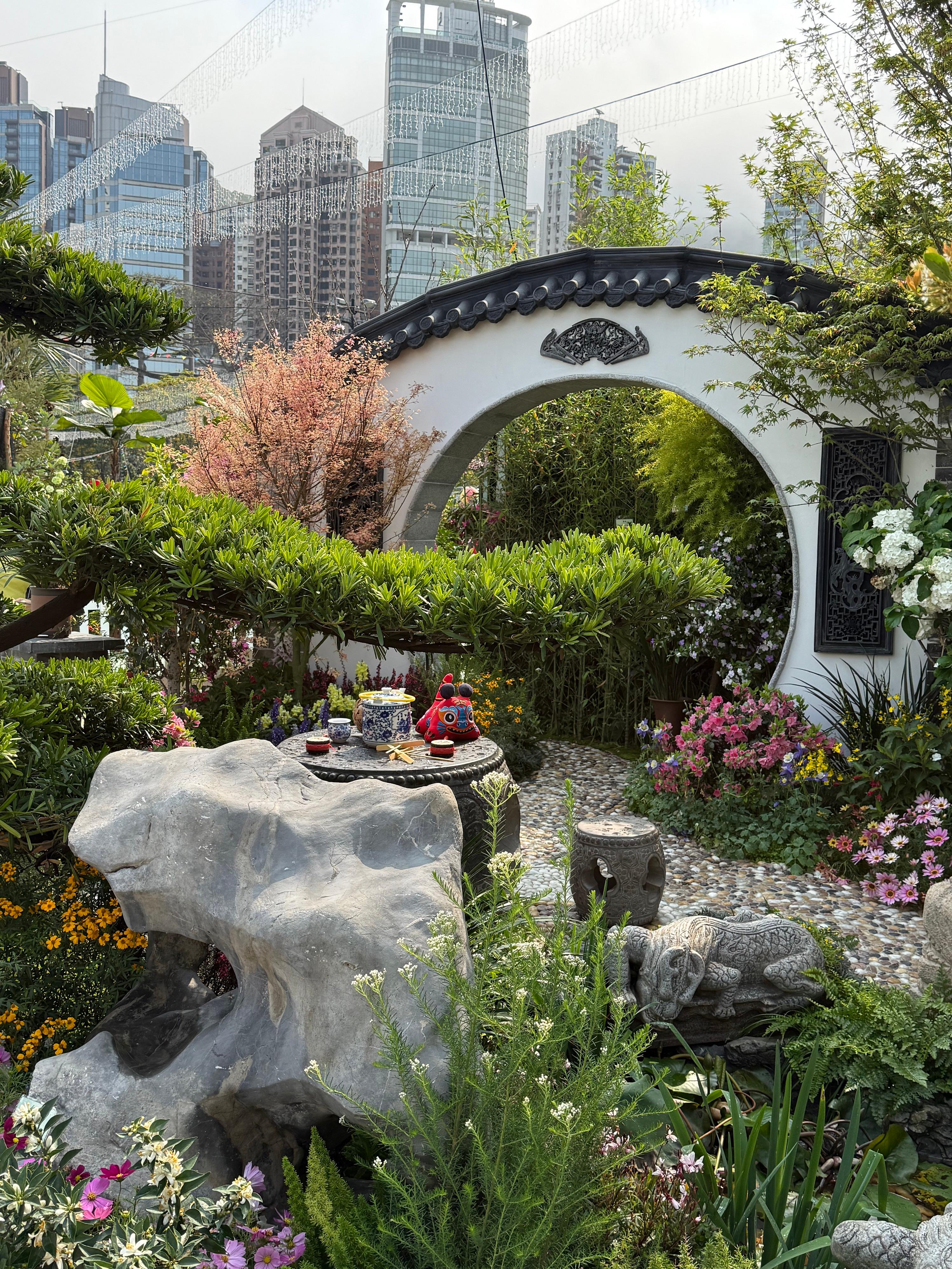 The Hong Kong Flower Show 2025, currently running at Victoria Park, is displaying the winning entries of the Leisure and Cultural Services Department's Western and Oriental Style Garden Plot Competitions. Photo shows Tsuen Wan District's "A Jiangnan Residence", which is the winner of the Oriental Style Garden Plot Competition.