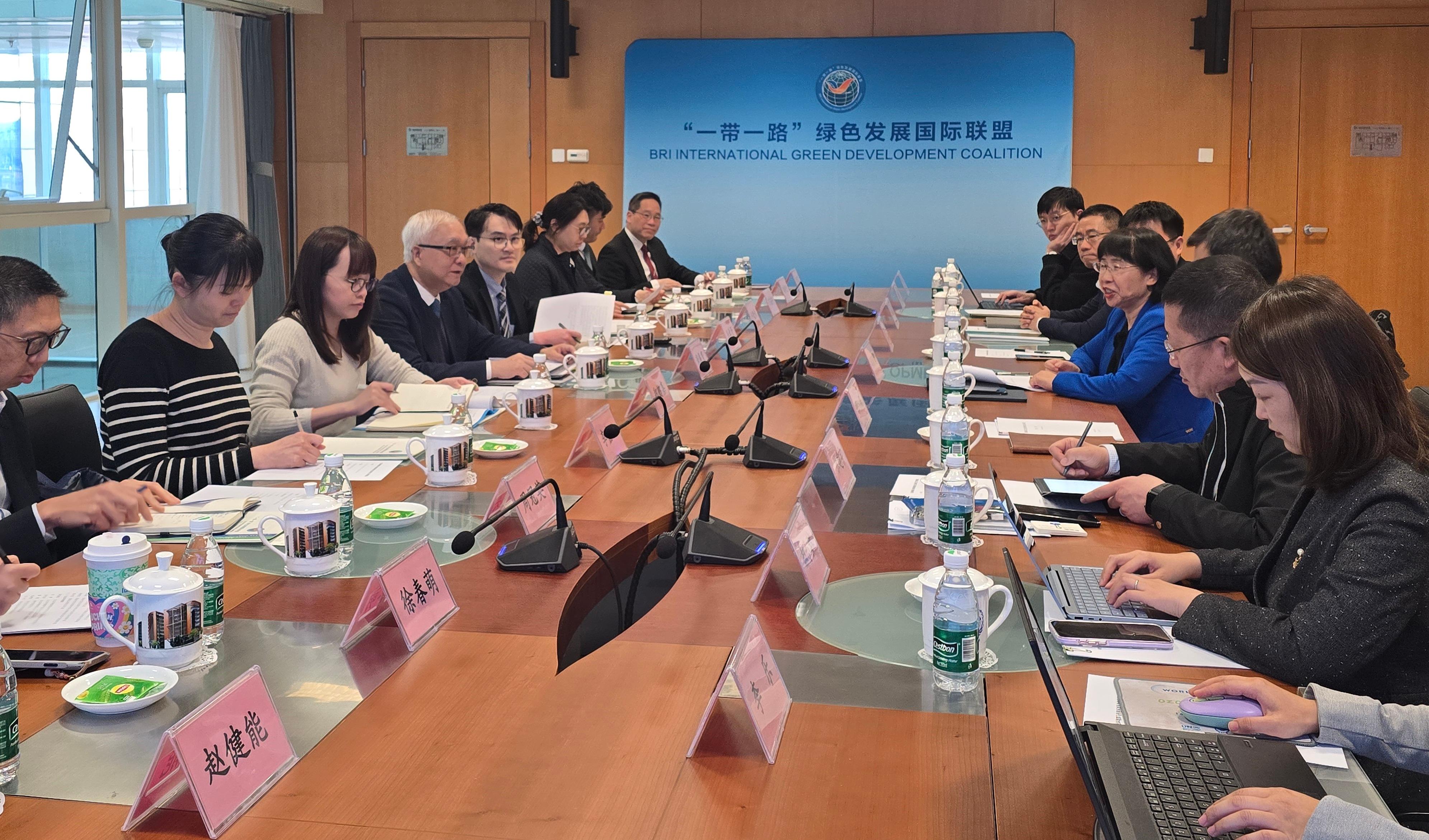 The Secretary for Environment and Ecology, Mr Tse Chin-wan, began his visit in Beijing today (March 20). Photos shows Mr Tse (fourth left); and the Commissioner for Climate Change, Mr Arthur Lee (fifth left), meeting with representatives from the Ministry of Ecology and Environment of the People's Republic of China, the National Center for Climate Change Strategy and International Cooperation, and the BRI International Green Development Coalition to exchange views on topics including co-operation in ecological and environmental field and combating climate change.