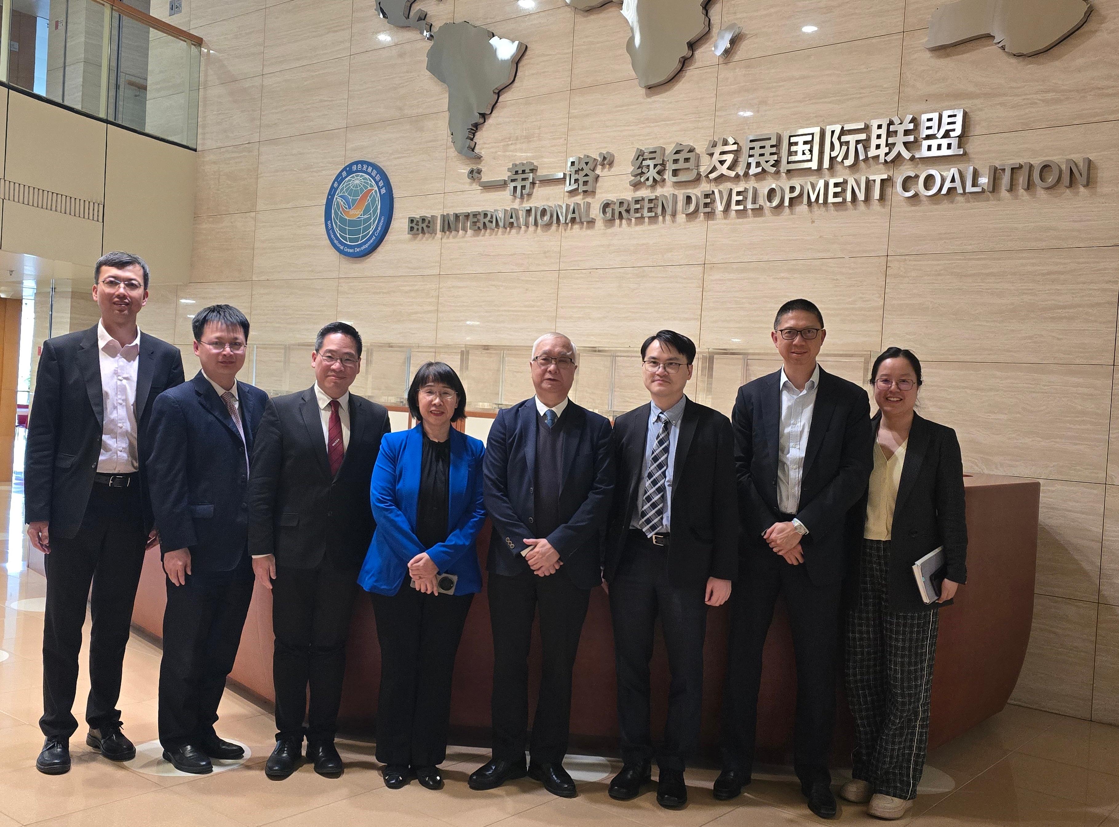 The Secretary for Environment and Ecology, Mr Tse Chin-wan, began his visit in Beijing today (March 20). Mr Tse (fourth right); and the Commissioner for Climate Change, Mr Arthur Lee (third right), pictured with representatives from the Ministry of Ecology and Environment of the People's Republic of China, National Center for Climate Change Strategy and International Cooperation, the BRI International Green Development Coalition, the Hong Kong Exchanges and Clearing Limited and the Hong Kong Quality Assurance Agency after exchanging views on topics including co-operation in ecological and environmental field and combating climate change.