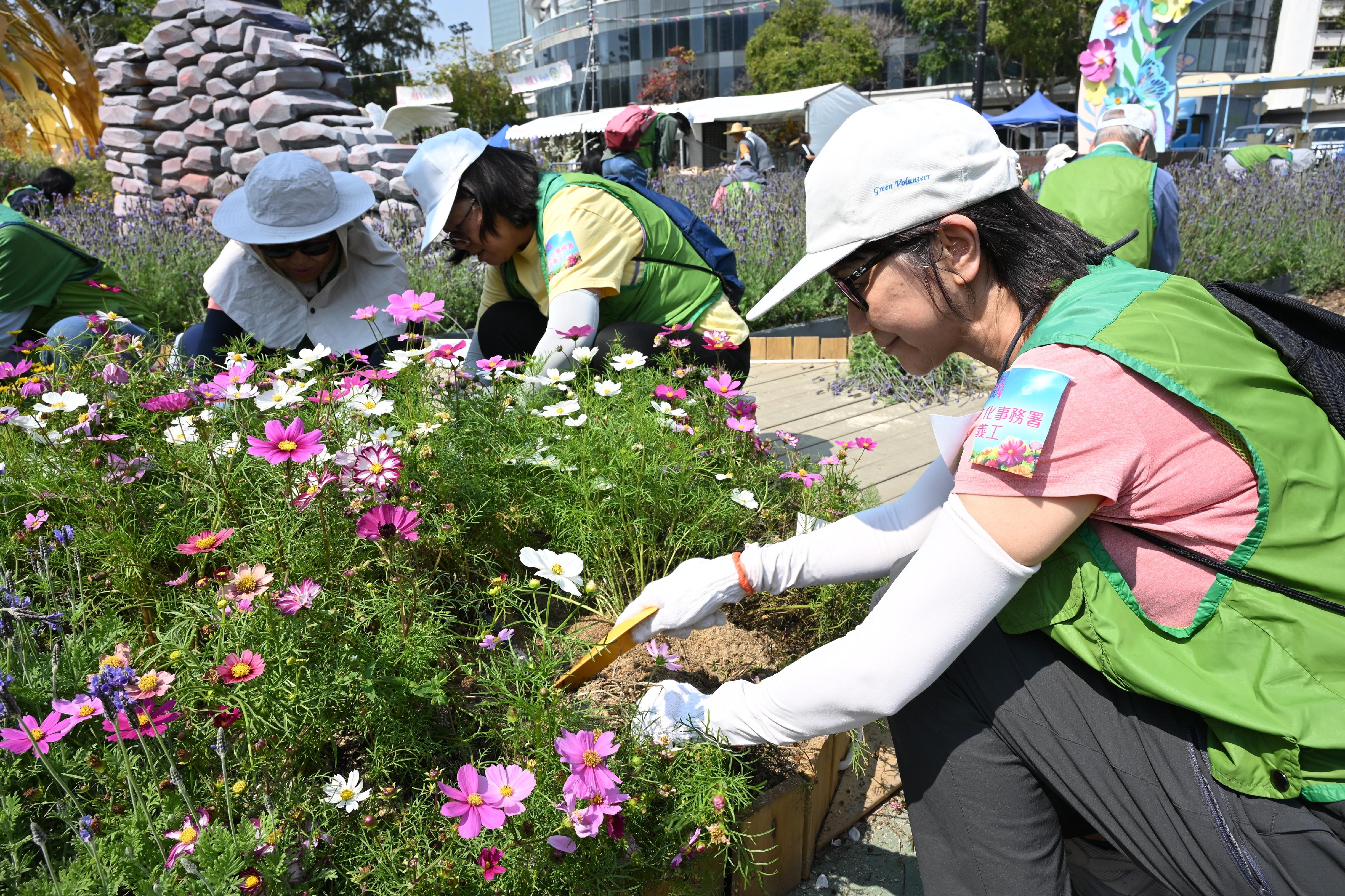 The Leisure and Cultural Services Department is once again holding Green Recycling Day (GRD) activities upon the conclusion of the Hong Kong Flower Show. The GRD activities were held today (March 24) and will continue tomorrow (March 25) at Victoria Park to reinforce green measures and reduce waste. Photo shows the department’s Green Volunteers helping classify and collect flowers at the showground.

