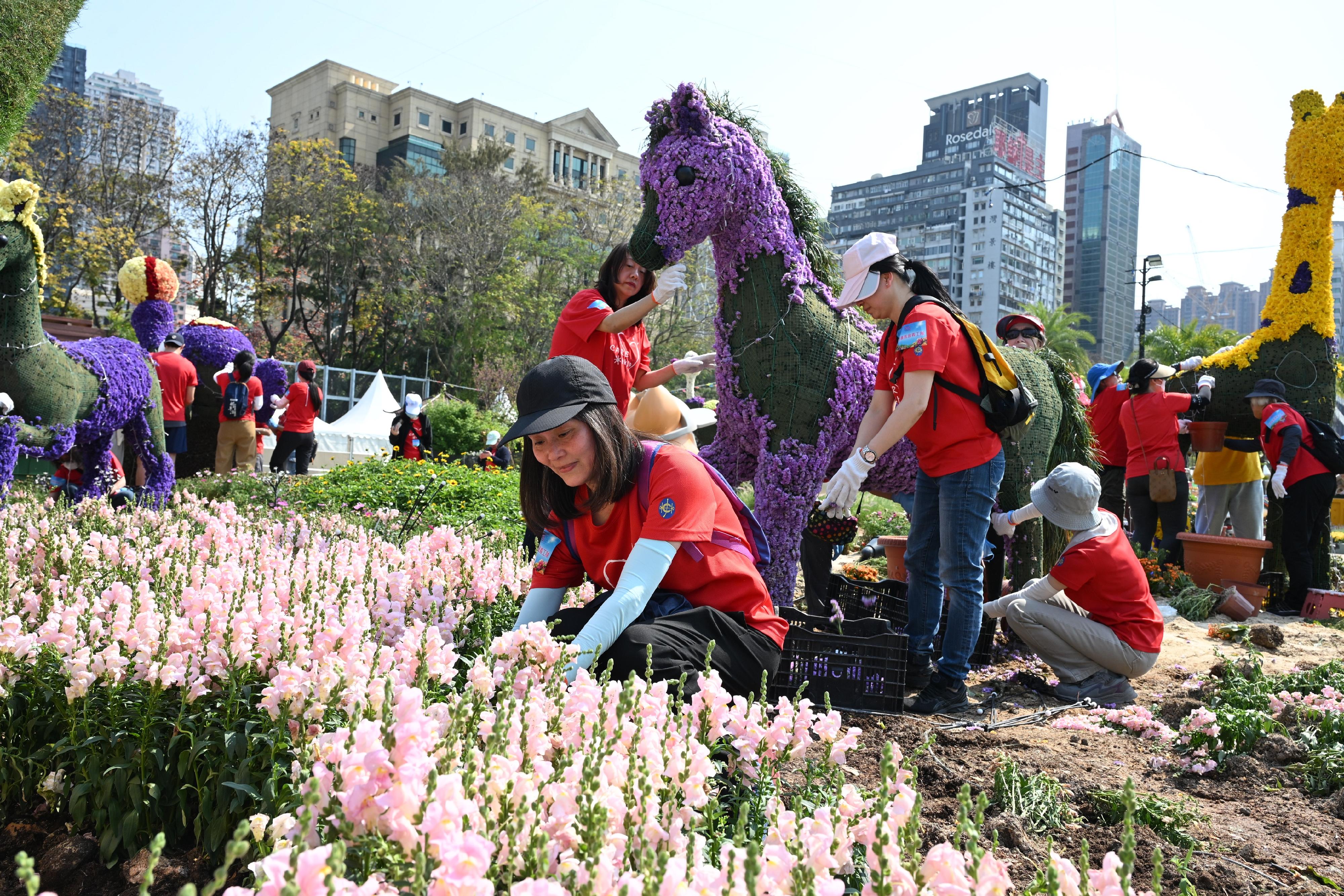 The Leisure and Cultural Services Department is once again holding Green Recycling Day (GRD) activities upon the conclusion of the Hong Kong Flower Show. The GRD activities were held today (March 24) and will continue tomorrow (March 25) at Victoria Park to reinforce green measures and reduce waste. Photo shows volunteers helping classify and collect flowers at the showground.
