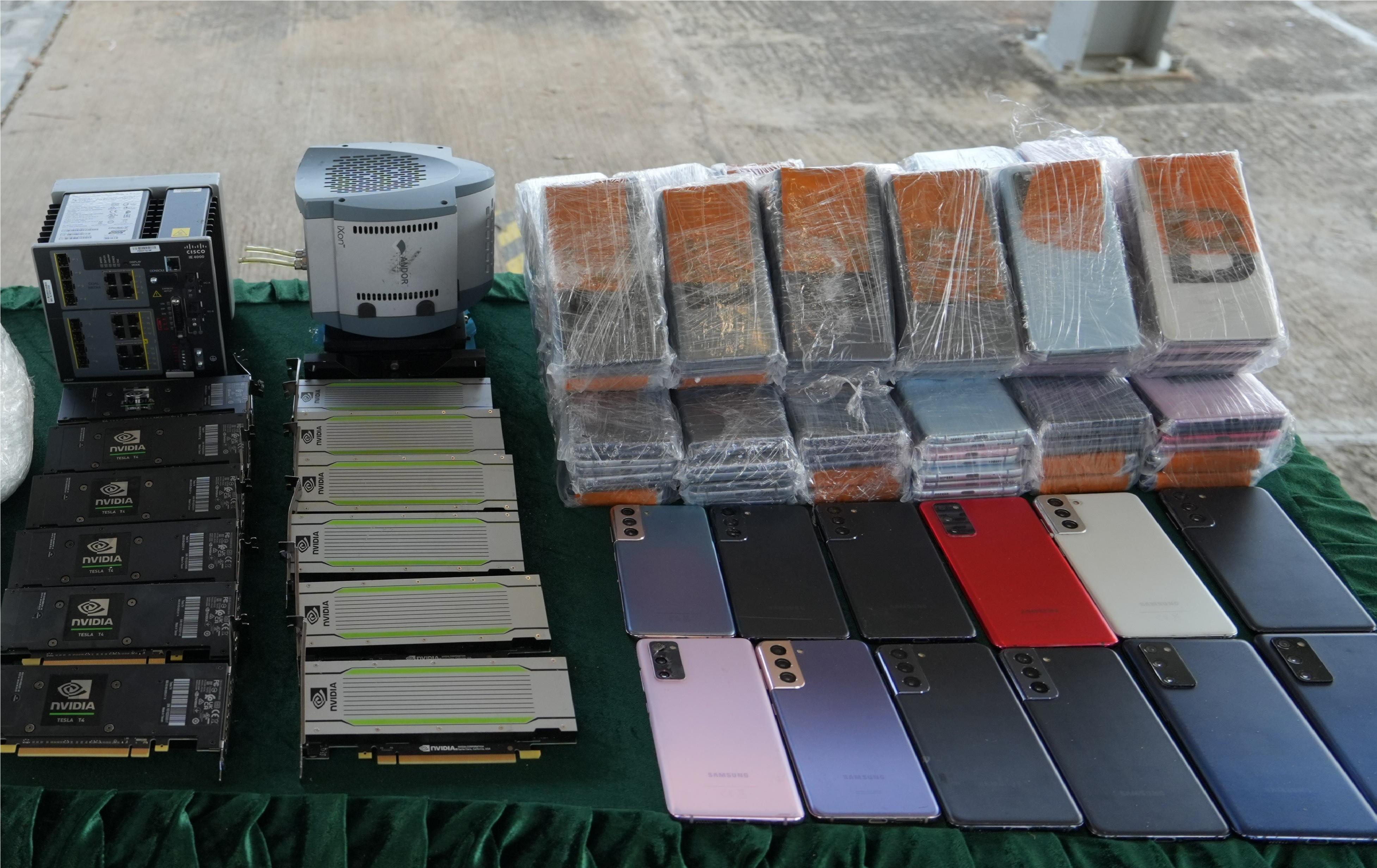 Hong Kong Customs on March 22 detected a suspected smuggling case involving a fishing vessel in the western waters of Hong Kong. A batch of smuggled goods with a total estimated market value of about $25 million was seized. Photo shows some of the suspected smuggled electronic products seized. 