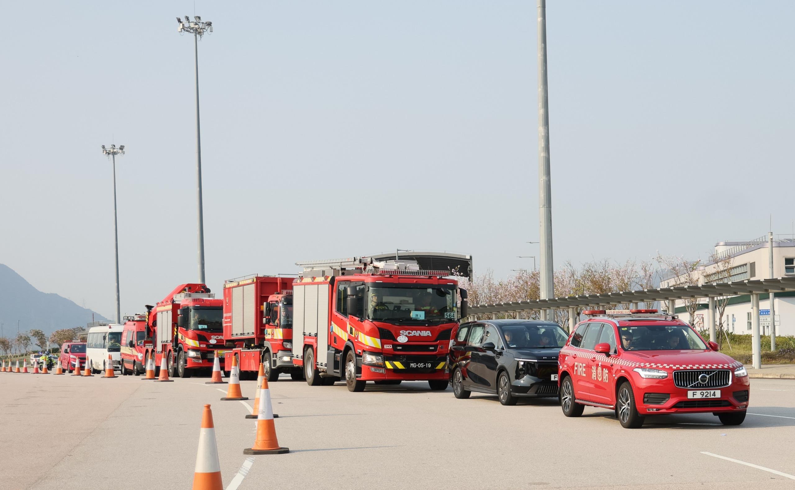 The Hong Kong Fire Services Department, the Fire and Rescue Corps of Guangdong Province, and the Macao Fire Services Bureau jointly hold the Guangdong-Hong Kong-Macao Greater Bay Area are jointly holding emergency response and rescue exercise "Liancheng-2025" in Hong Kong for three consecutive days starting today (March 25). Photo shows fire appliances from Macao entering Hong Kong via the Hong Kong-Zhuhai-Macao Bridge Hong Kong Port to participate in the exercise.