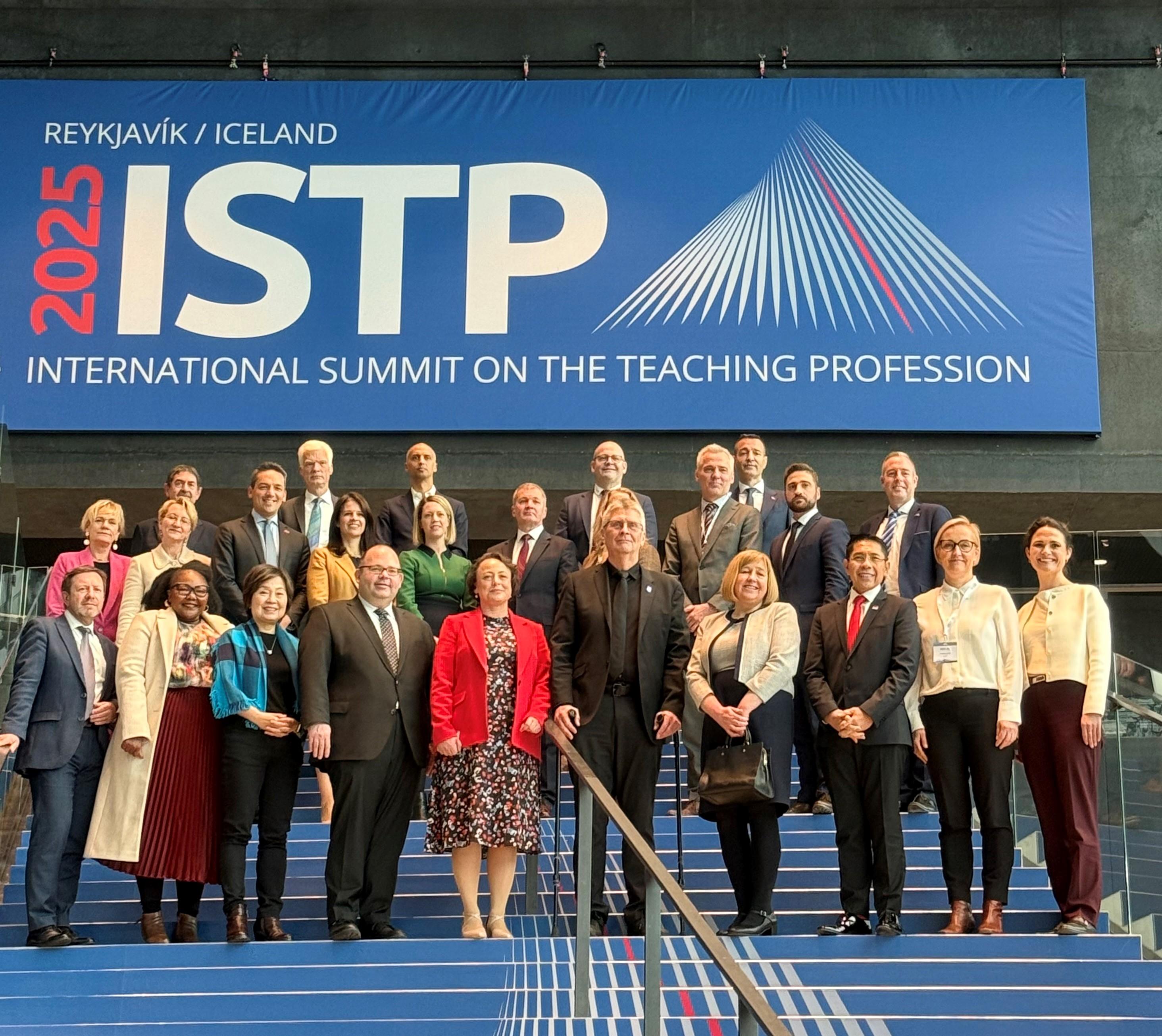 The Secretary for Education, Dr Choi Yuk-lin (first row, third left), is pictured with education ministers from other regions while attending the International Summit on the Teaching Profession 2025 in Reykjavík, Iceland, on March 25 (Reykjavík time).