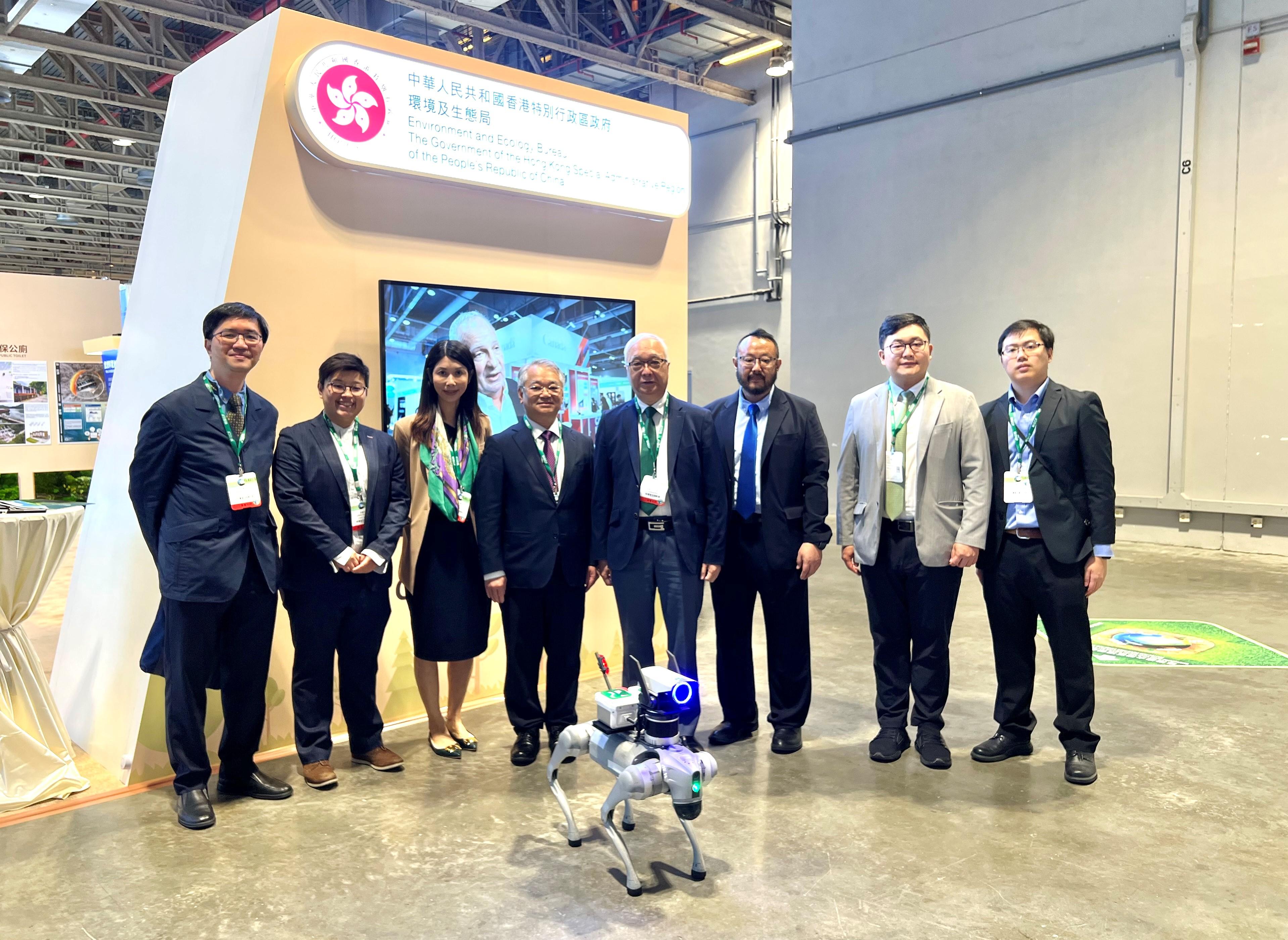 The Secretary for Environment and Ecology, Mr Tse Chin-wan, today (March 27) attended the 2025 Macao International Environmental Co-operation Forum & Exhibition in Macao. Photo shows Mr Tse (fourth right) and the Director of Environmental Protection, Dr Samuel Chui (fourth left), at the Environment and Ecology Bureau booth.