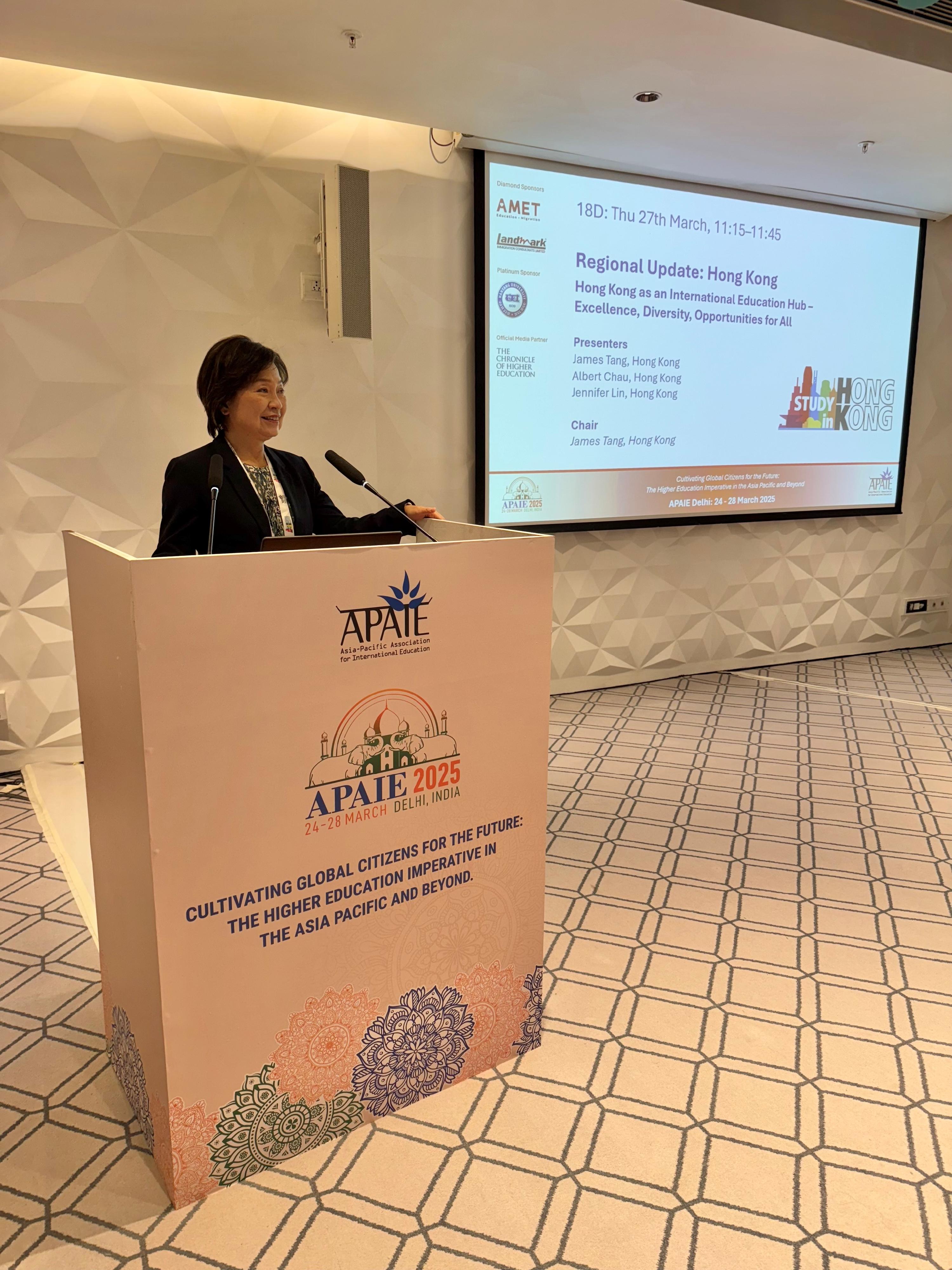 The Secretary for Education, Dr Choi Yuk-lin, delivered a speech under the theme "Study in Hong Kong" at the Asia-Pacific Association for International Education 2025 Conference and Exhibition in Delhi, India, on March 27 (Delhi time). 