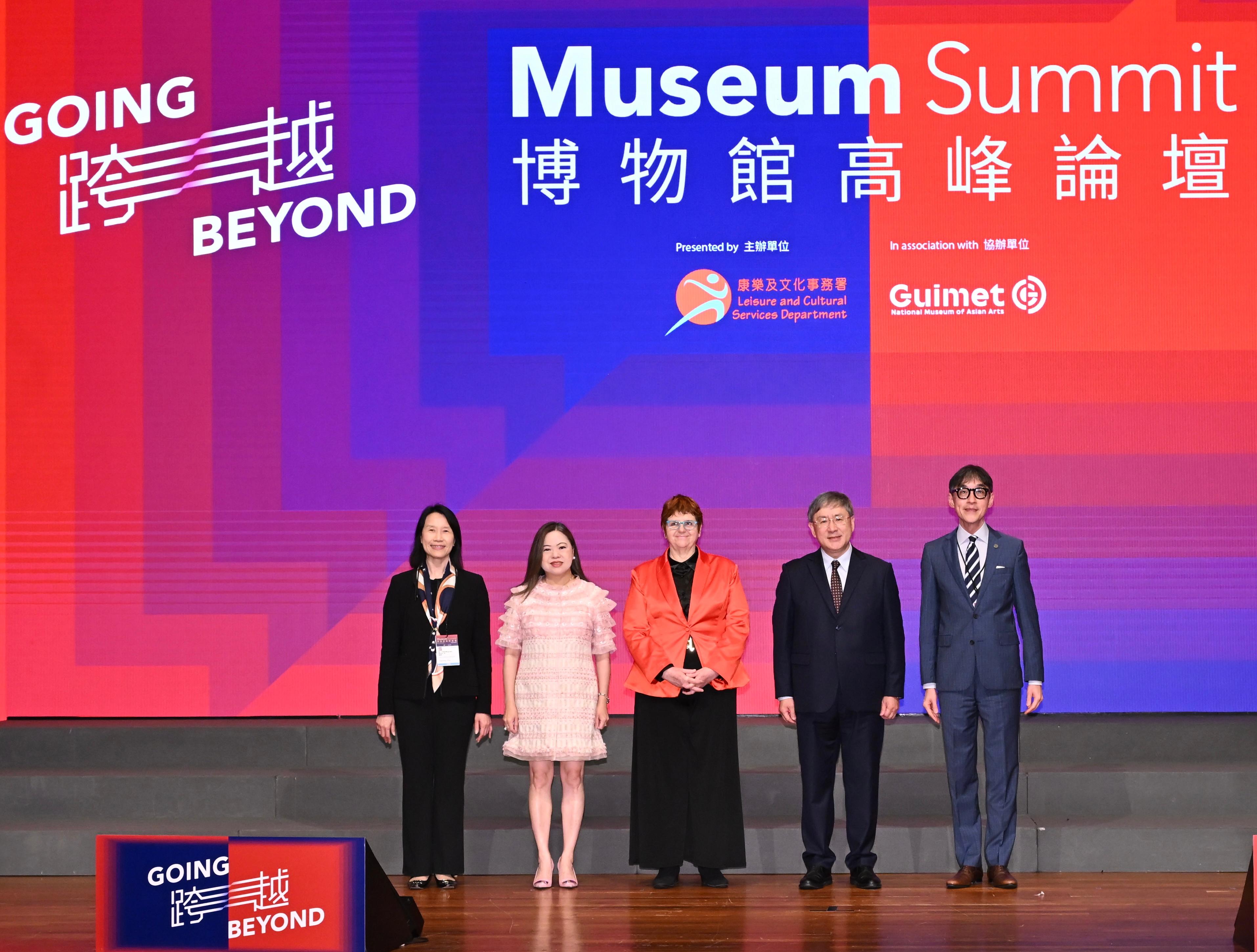 The opening ceremony of the Museum Summit 2025 was held today (March 28) at the Hong Kong Convention and Exhibition Centre. Photo shows (from left) the Director of Leisure and Cultural Services, Ms Manda Chan; the Secretary for Culture, Sports and Tourism, Miss Rosanna Law; the President of The Guimet - National Museum of Asian Arts (France), Dr Yannick Lintz; the Deputy Chief Secretary for Administration, Mr Cheuk Wing-hing; and the Chairman of the Museum Advisory Committee, Professor Douglas So, at the ceremony.
