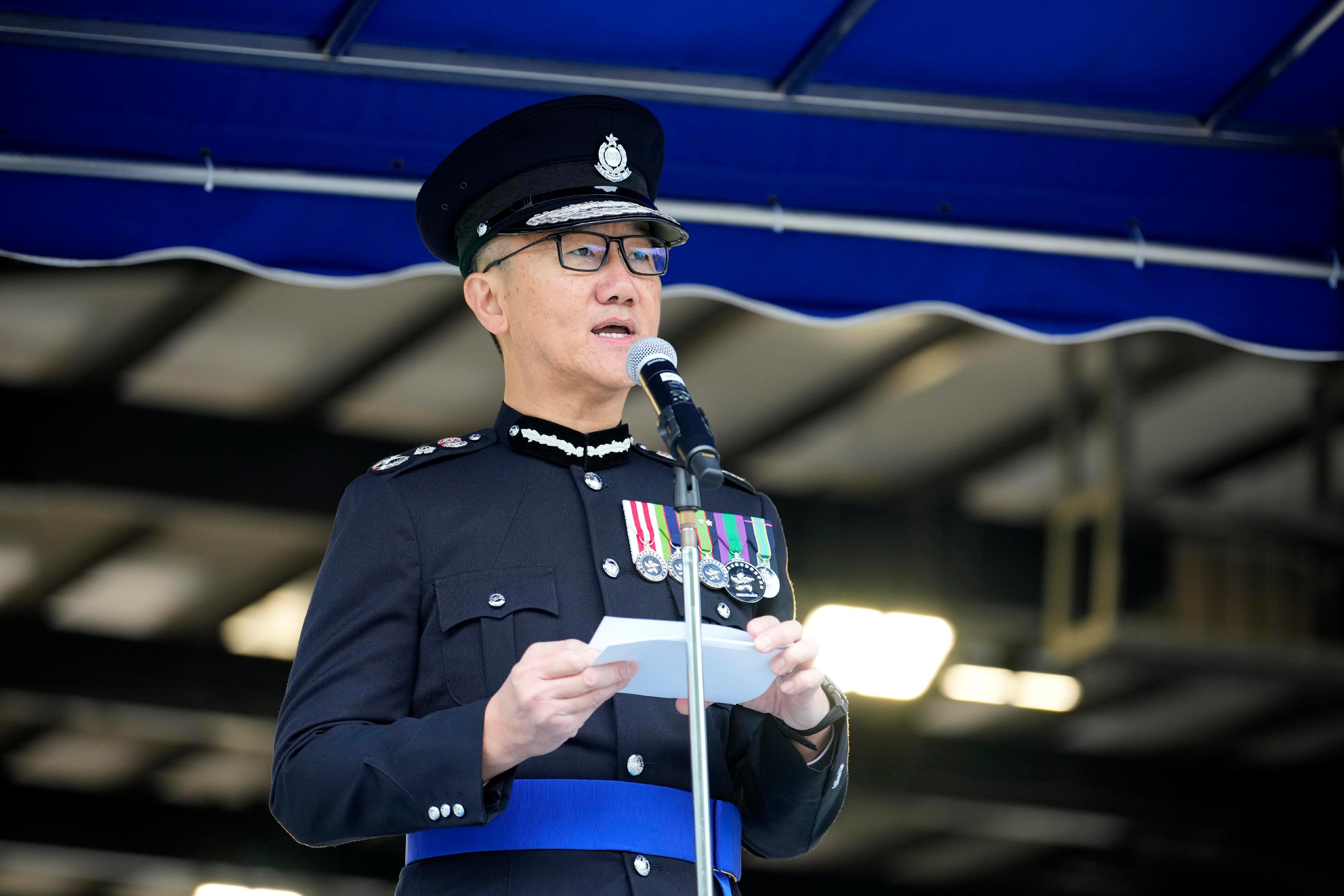 The Commissioner of Police, Mr Siu Chak-yee, speaks at a passing-out parade held at the Hong Kong Police College today (March 29).