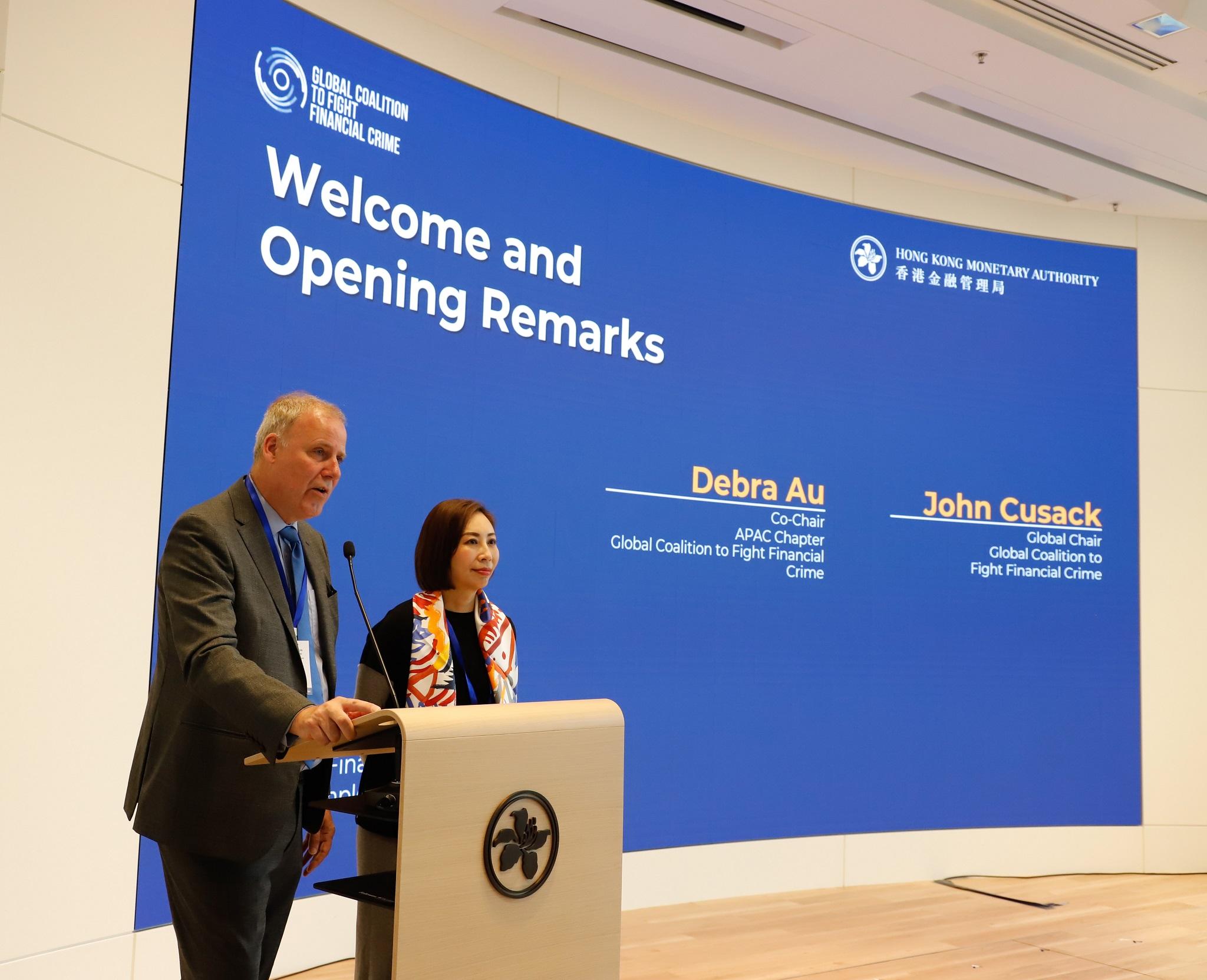 Mr John Cusack, Chair of the Global Coalition to Fight Financial Crime, and Ms Debra Au, Co-Chair of the Global Coalition to Fight Financial Crime APAC Chapter, deliver opening remarks at the APAC Fighting Financial Crime Conference 2025.