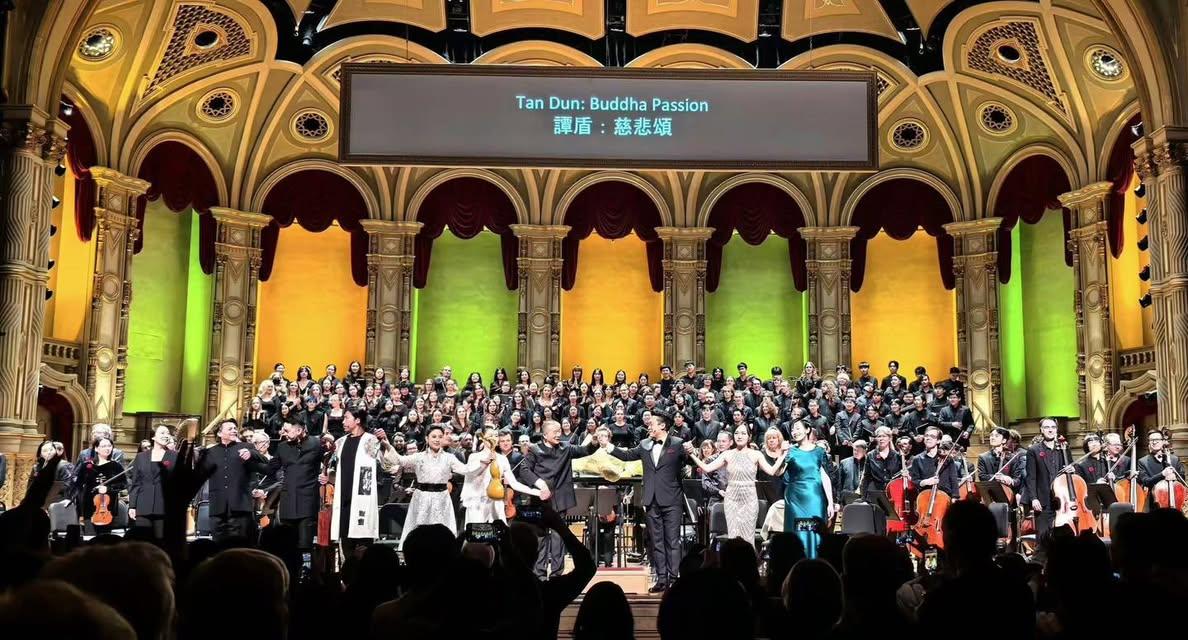 Ambassador for Cultural Promotion Tan Dun has lined up local young talents to perform at international performances. Photo shows soprano Louise Kwong (first row, second right), mezzo-soprano Samantha Chong (first row, first right) and bass-baritone Apollo Wong (first row, third left) performing Tan's "Buddha Passion" in Vancouver on November 8, 2024. 