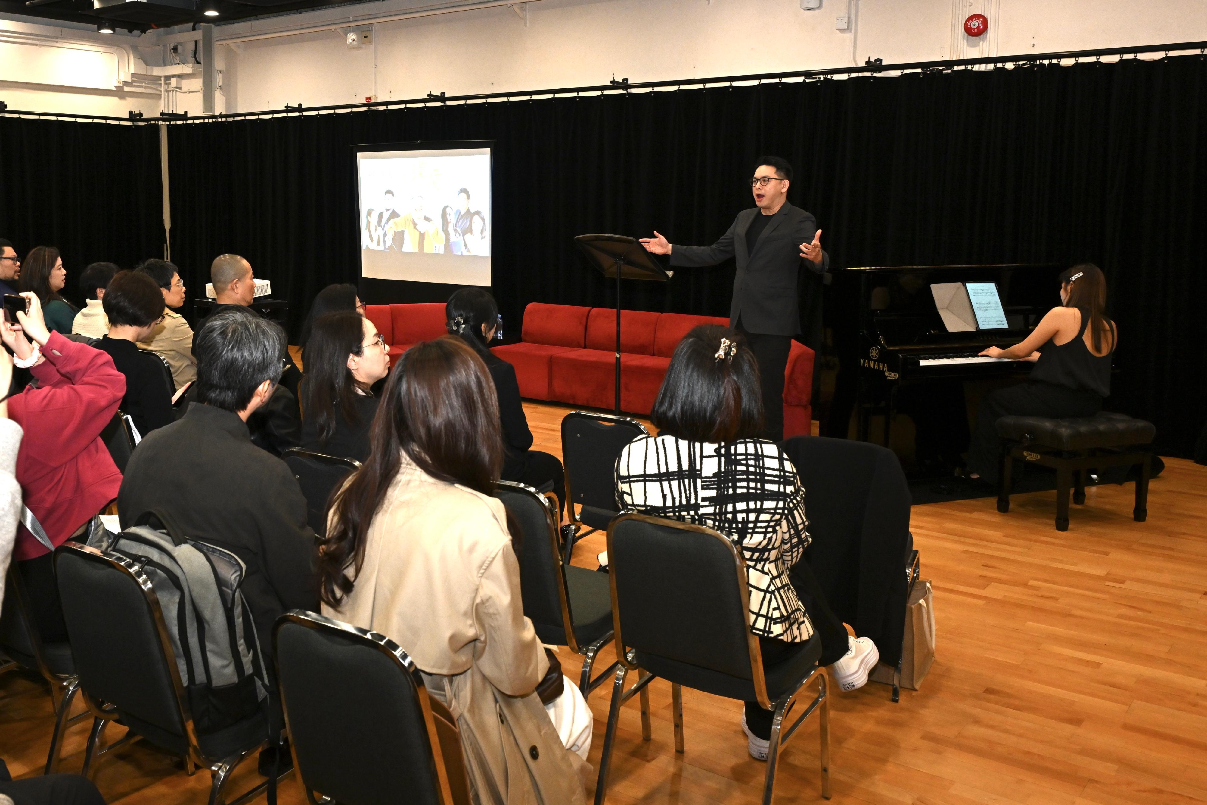 Hong Kong's Ambassador for Cultural Promotion, internationally renowned composer and conductor Tan Dun today (April 2) shared his performance projects in Hong Kong, Mainland China and overseas from this year and last year with Hong Kong young talents at the Hong Kong Cultural Centre. Photo shows pianist Rachel Cheung (first right) and bass-baritone Apollo Wong (second right) performing a demonstration excerpt from "Buddha Passion".