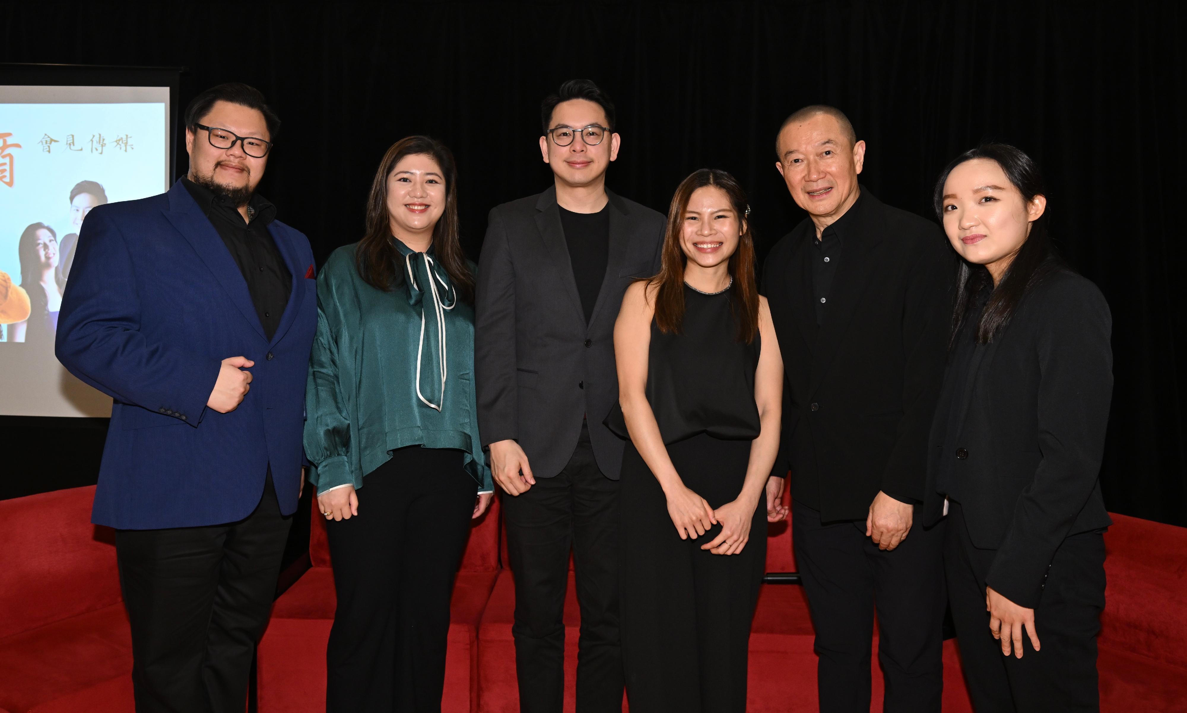 Hong Kong's Ambassador for Cultural Promotion, internationally renowned composer and conductor Tan Dun today (April 2) shared his performance projects in Hong Kong, Mainland China and overseas from this year and last year and had a dialogue with Hong Kong young talents at the Hong Kong Cultural Centre. Photo shows Tan (second right), pianist Rachel Cheung (third right), soprano Candice Chung (second left), percussionist Elise Liu (first right), tenor Henry Ngan (first left) and bass-baritone Apollo Wong (third left).