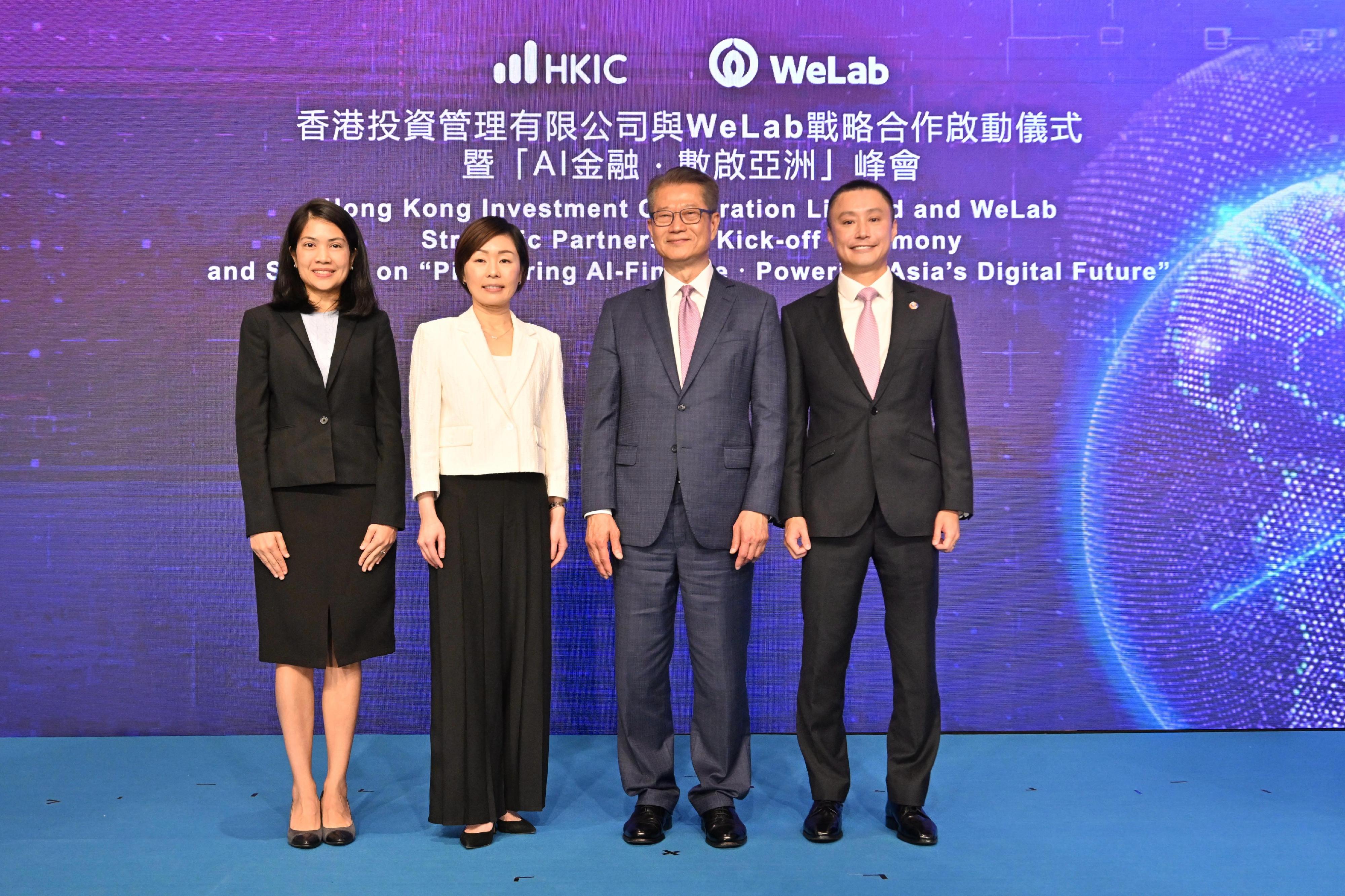 The Financial Secretary, Mr Paul Chan, attended the Hong Kong Investment Corporation Limited (HKIC) and WeLab Strategic Partnership Kick-off Ceremony today (April 10). Photo shows (from left) the Deputy Consul-General of Thailand in Hong Kong, Ms Ranida Chamchalerm; the Chief Executive Officer of the HKIC, Ms Clara Chan; Mr Chan; and the Chief Executive Officer of WeLab, Mr Simon Loong.