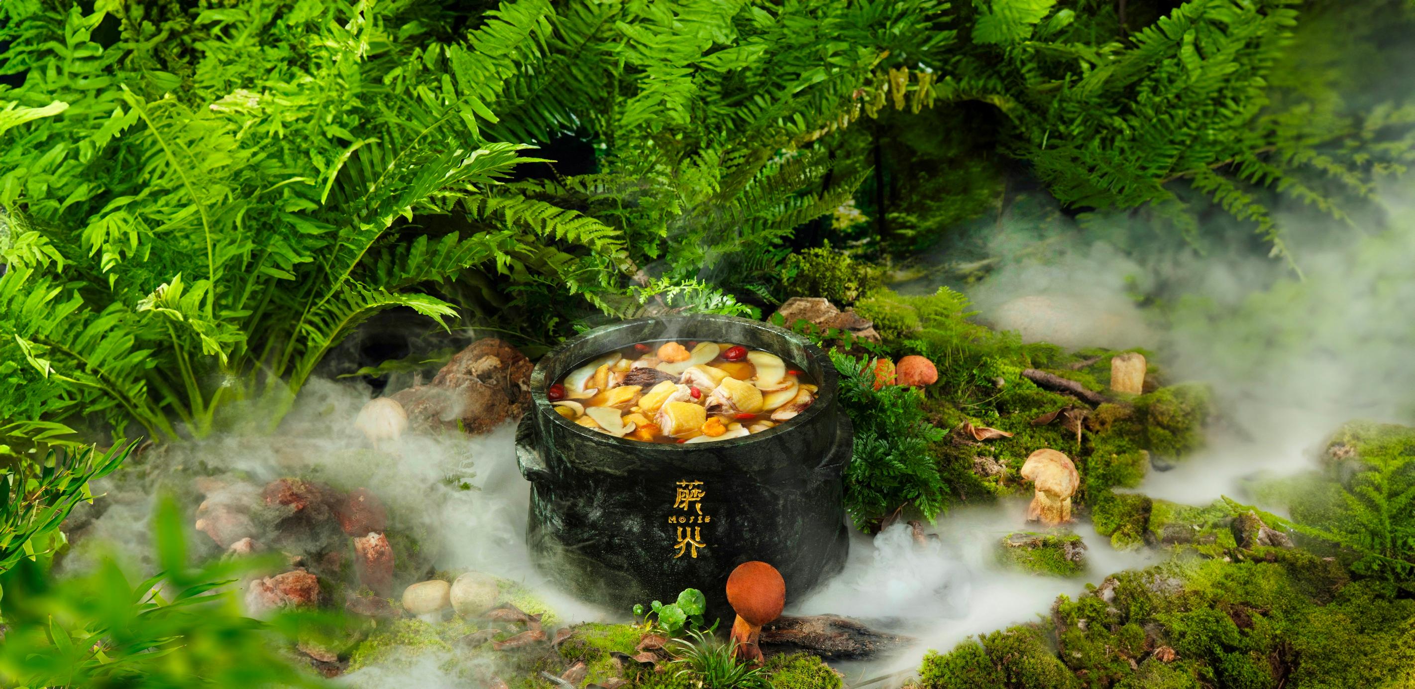 投資推廣署今日（四月十七日）宣布，內地蘑界餐飲管理有限公司旗下的蘑界 · 野生菌石鍋雞在香港開設首間境外店，以香港為地區總部，藉香港宣傳野生菌土雞火鍋料理，把其東方菌膳文化連接全球市場。圖示蘑界 · 野生菌石鍋雞位於沙田的首間香港店。圖示該店的招牌高原野生菌土雞湯底。