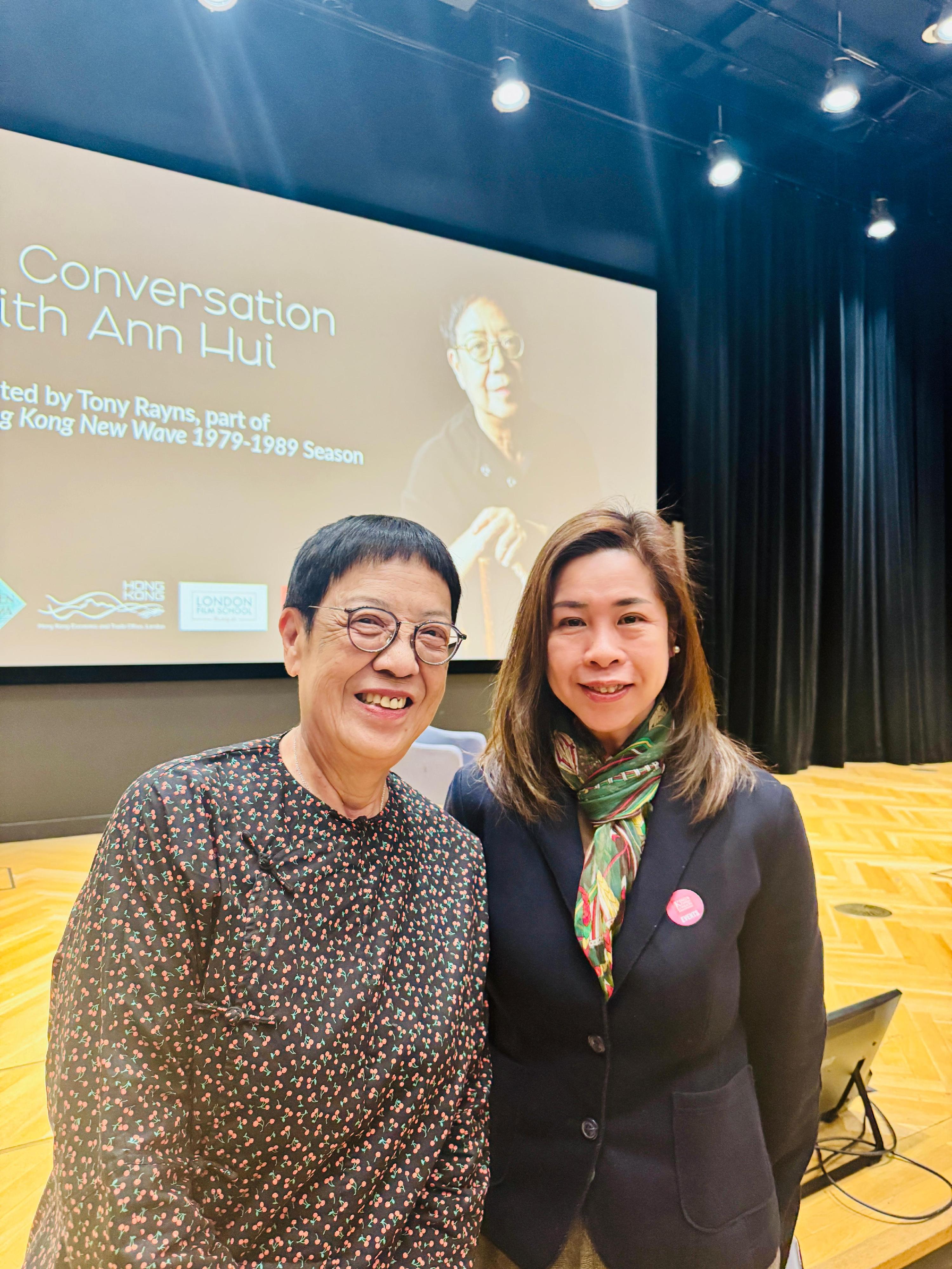 The Hong Kong Economic and Trade Office, London (London ETO) supported the Chinese Cinema Project in presenting the Hong Kong New Wave: 1979 - 1989 Film Festival from April 1 to May 16 (London time) in London. Photo shows the Director-General of London ETO, Miss Fiona Chau and director Ann Hui at the masterclass. 