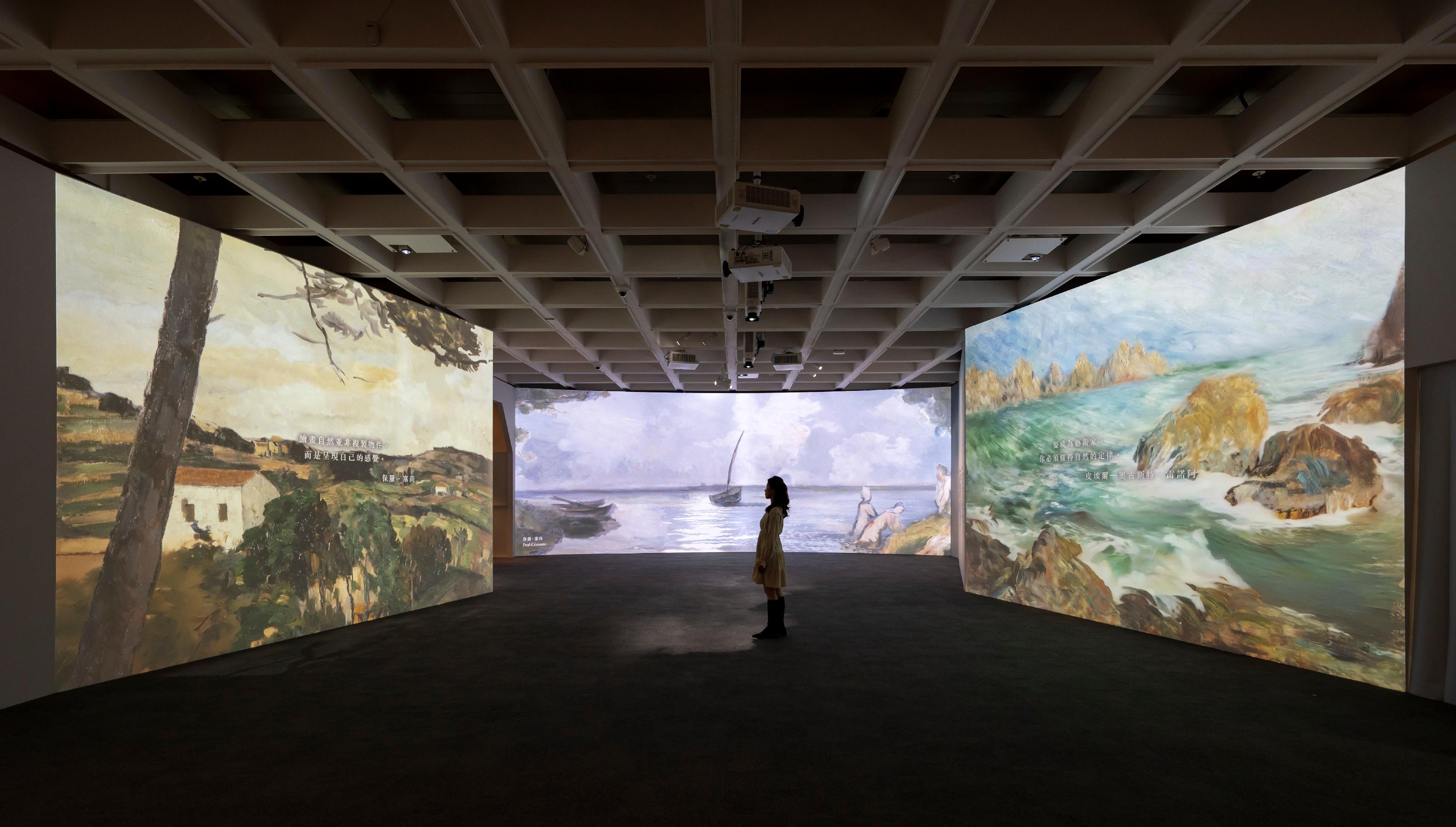 "The Hong Kong Jockey Club Series: Cézanne and Renoir Looking at the World - Masterpieces from the Musée de l’Orangerie and the Musée d’Orsay" exhibition at the Hong Kong Museum of Art has been well received by the public since its opening. The museum will extend the exhibition period to May 14. Photo shows projection at the entrance of the exhibition, allowing visitors to immerse themselves in the distinctive atmosphere unique to impressionist outdoor paintings of the two masters.