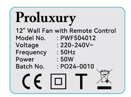 The Electrical and Mechanical Services Department today (April 23) urged the public to stop using the Proluxury wall-mounted fan Model No: PWF504012. Photo shows the product label and batch number.