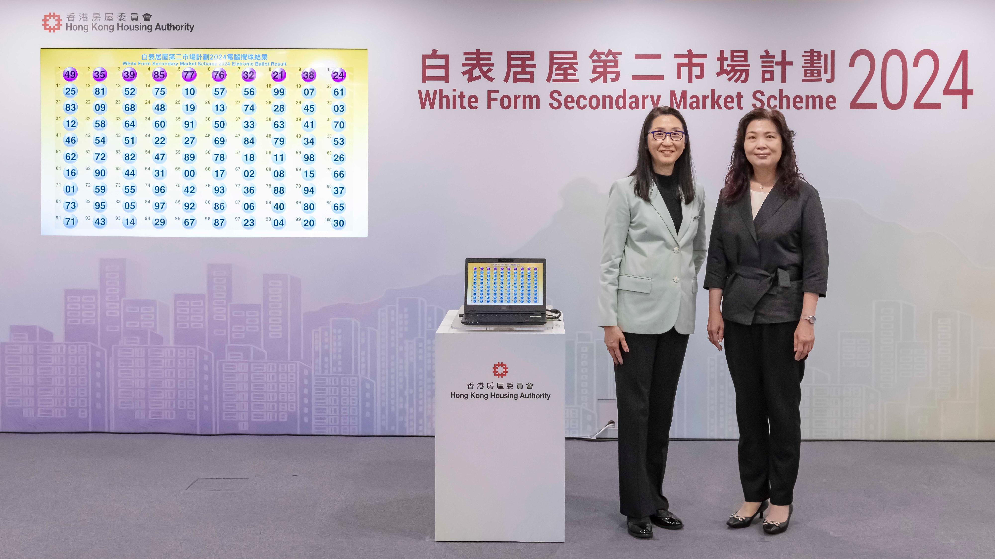 The Chairman of the Subsidised Housing Committee of the Hong Kong Housing Authority, Ms Cleresa Wong (left), accompanied by the Assistant Director of Housing (Housing Subsidies), Ms Carol Kong (right), officiates at the electronic ballot drawing ceremony today (April 24) for the White Form Secondary Market Scheme 2024. The ballot results will determine the applicants' priority sequence based on the last two digits of the application numbers.