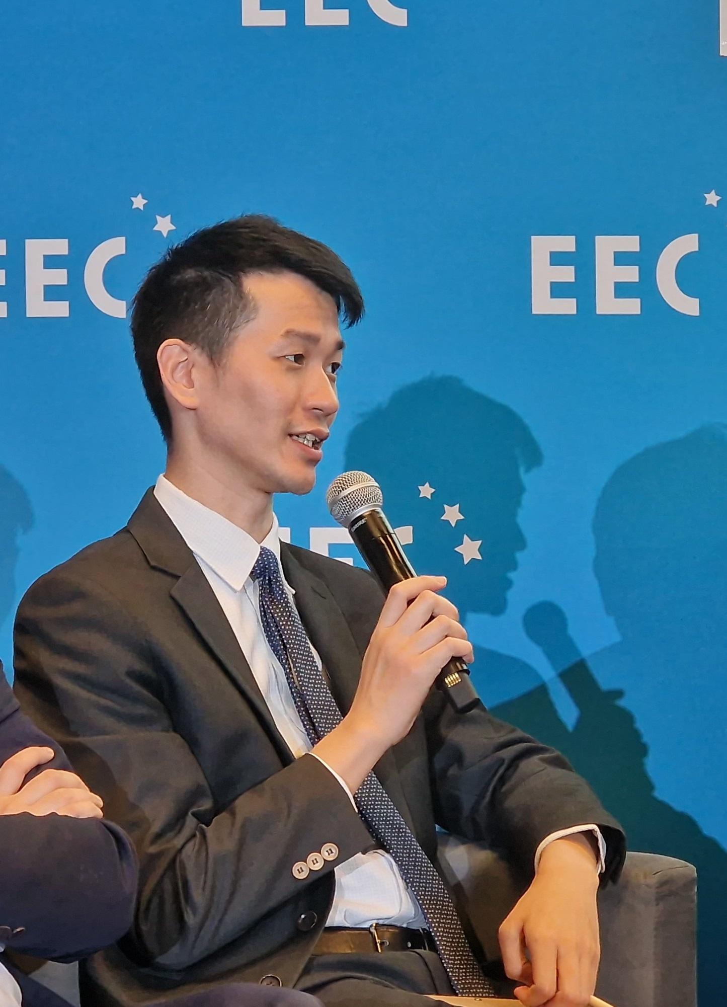 The Deputy Director of the Hong Kong Economic and Trade Office, Berlin, Mr Billy Leung, speaks at a panel during the 17th European Economic Congress in Katowice, Poland, on April 24 (Katowice time).