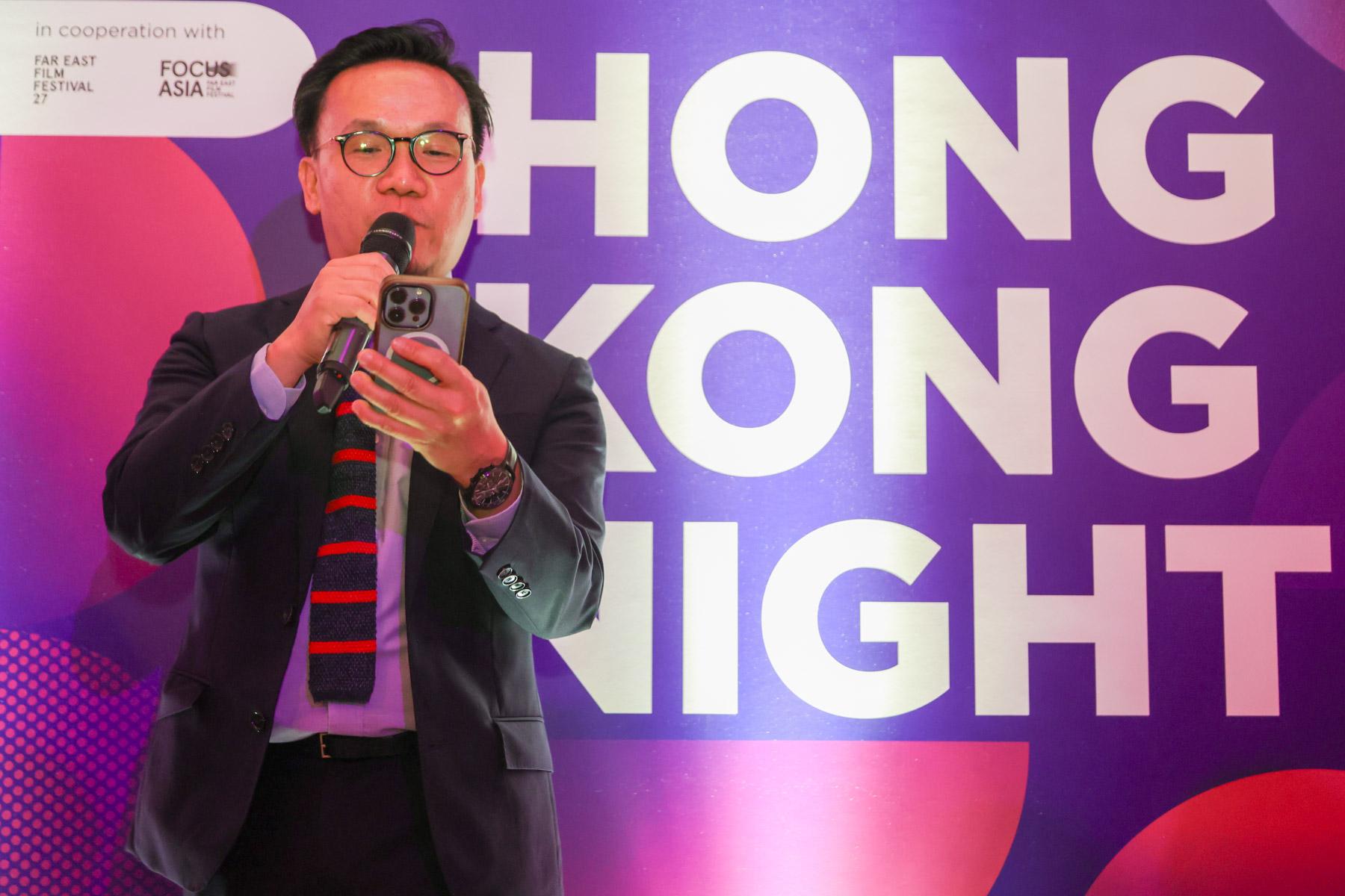 The Cultural and Creative Industries Development Agency of the Culture, Sports and Tourism Bureau and the Hong Kong Film Development Council led an industry delegation to participate in the 27th Far East Film Festival in Udine, Italy. Photos shows Assistant Commissioner for Cultural and Creative Industries and Secretary-General of the Film Development Council Mr Gary Mak delivering a speech at the "Hong Kong Night" networking reception last night (April 30, Udine time).