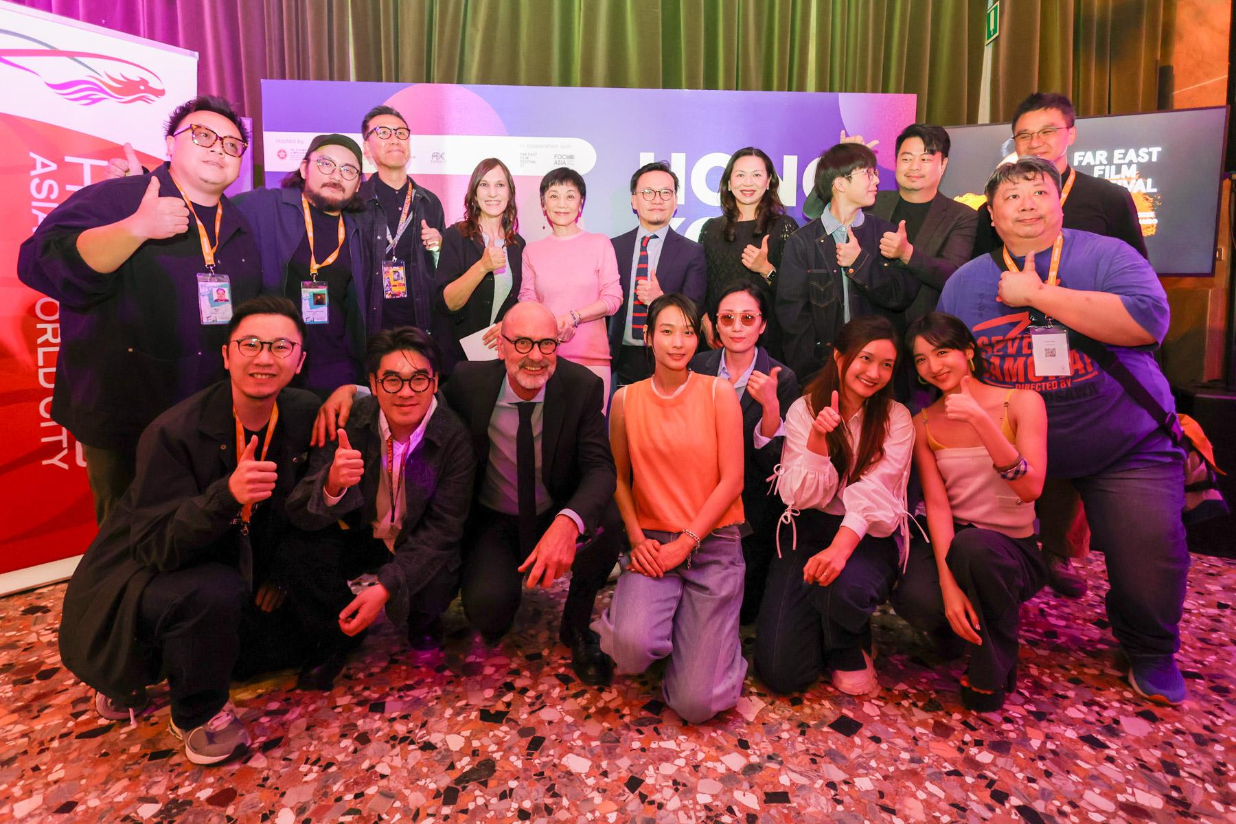 The Cultural and Creative Industries Development Agency of the Culture, Sports and Tourism Bureau and the Hong Kong Film Development Council led an industry delegation to participate in the 27th Far East Film Festival in Udine, Italy. Photos shows Assistant Commissioner for Cultural and Creative Industries and Secretary-General of the Film Development Council Mr Gary Mak (sixth left, back row) extending his congratulations to director and actress Sylvia Chang (fifth left, back row) on receiving the Golden Mulberry Award for Lifetime Achievement of the 27th Far East Film Festival at the "Hong Kong Night" networking reception last night (April 30, Udine time).

